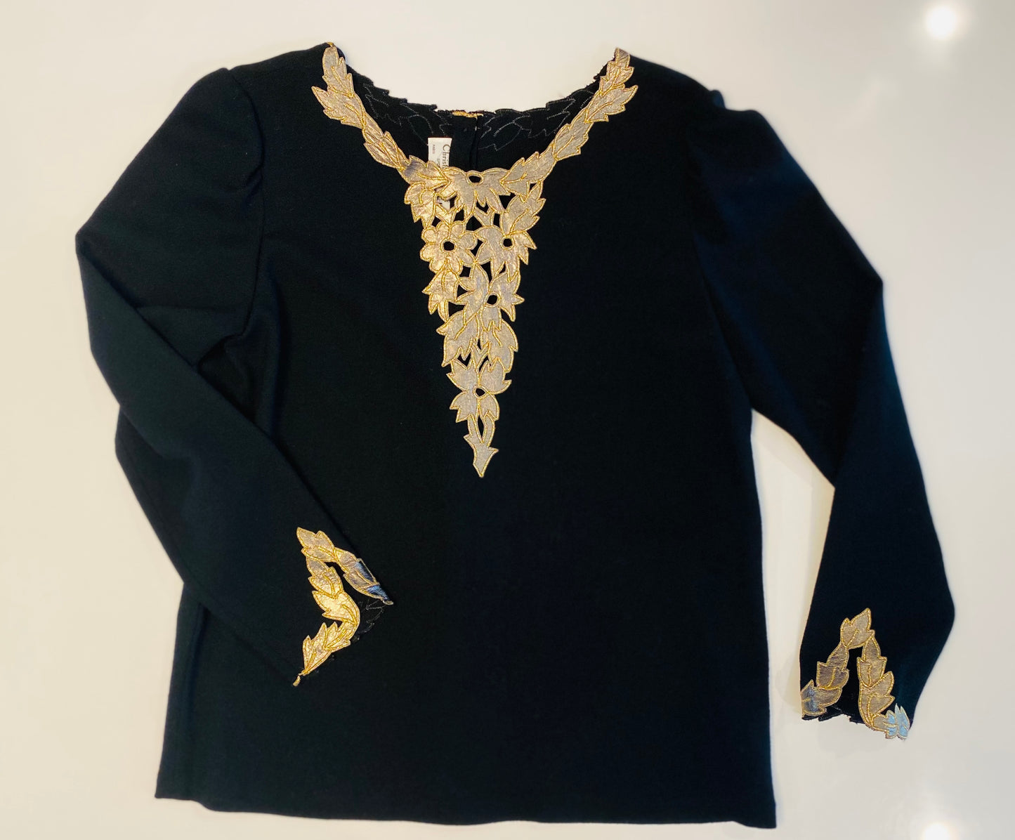 Vintage 80s Christian Dior Wool Crepe Gold Leather Detail Long Sleeve Top