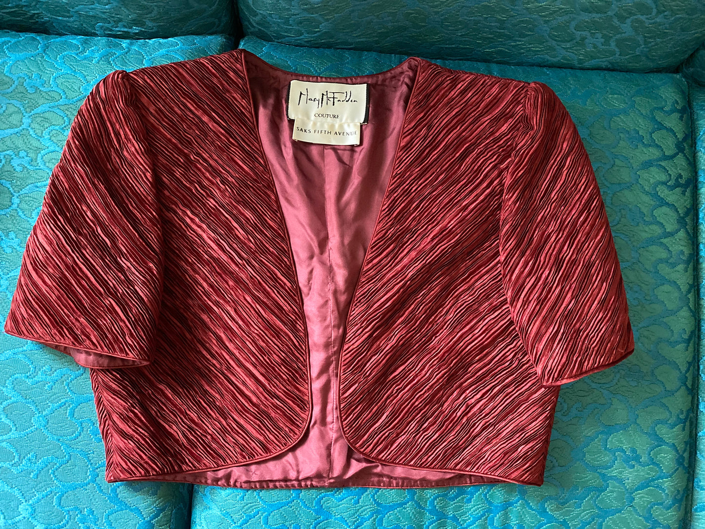 Mary McFadden Couture Burgundy Plisse Pleated Bolero Jacket no