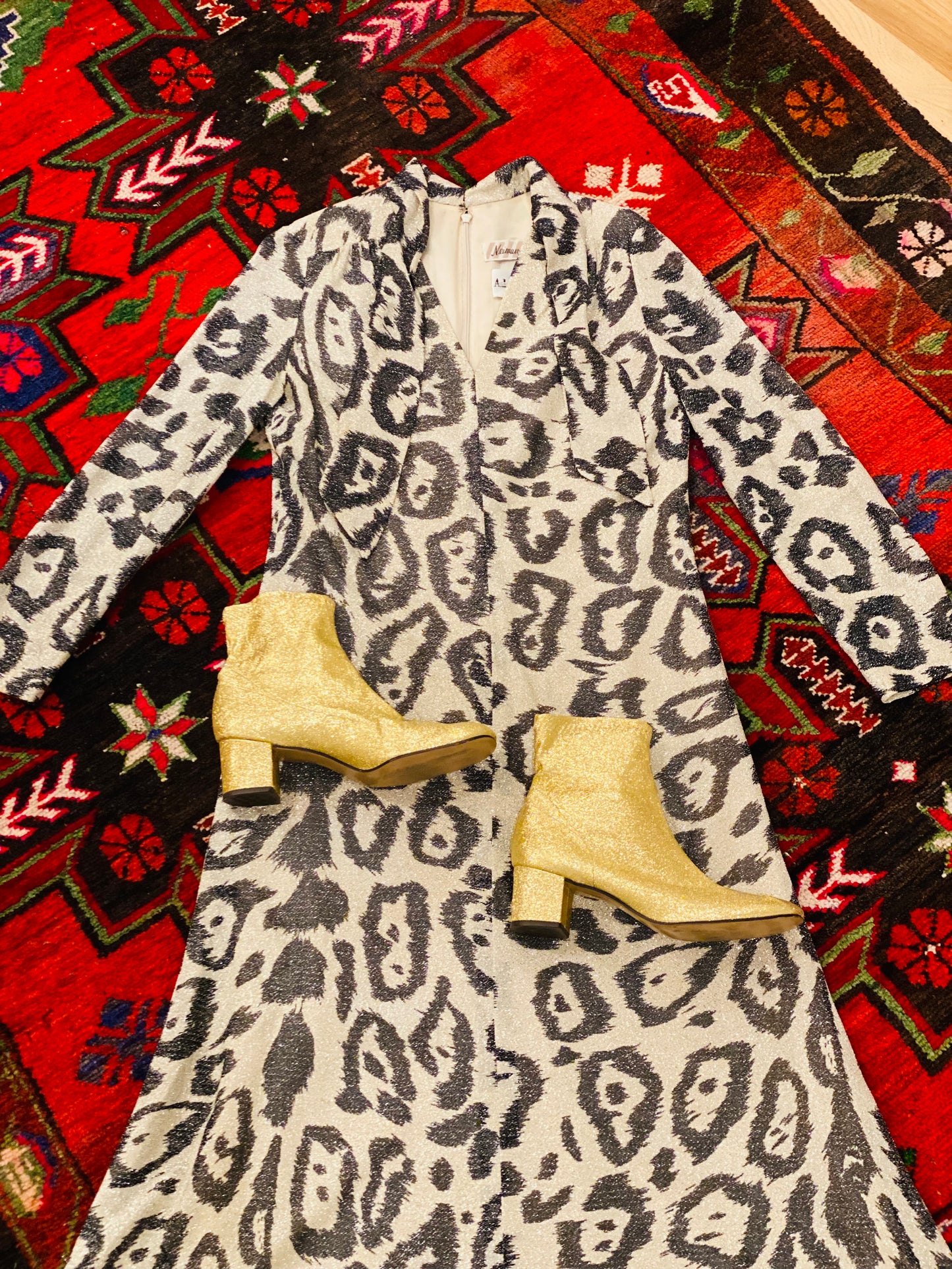 60s Gold Metallic Lurex Stretchy Ankle Boots Size 9 2" Heel