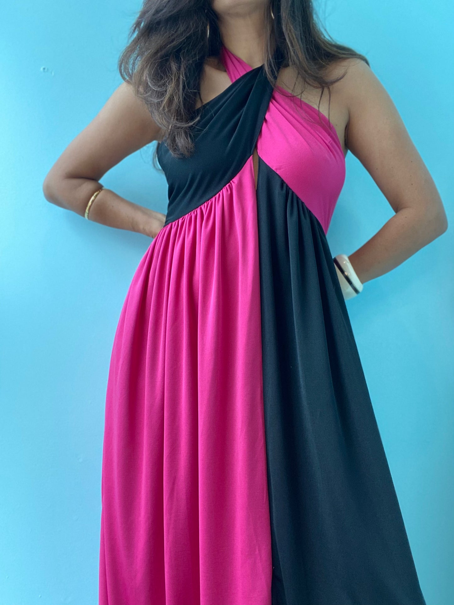 70s Bill Tice Sexy Color Block Jersey Halter Dress