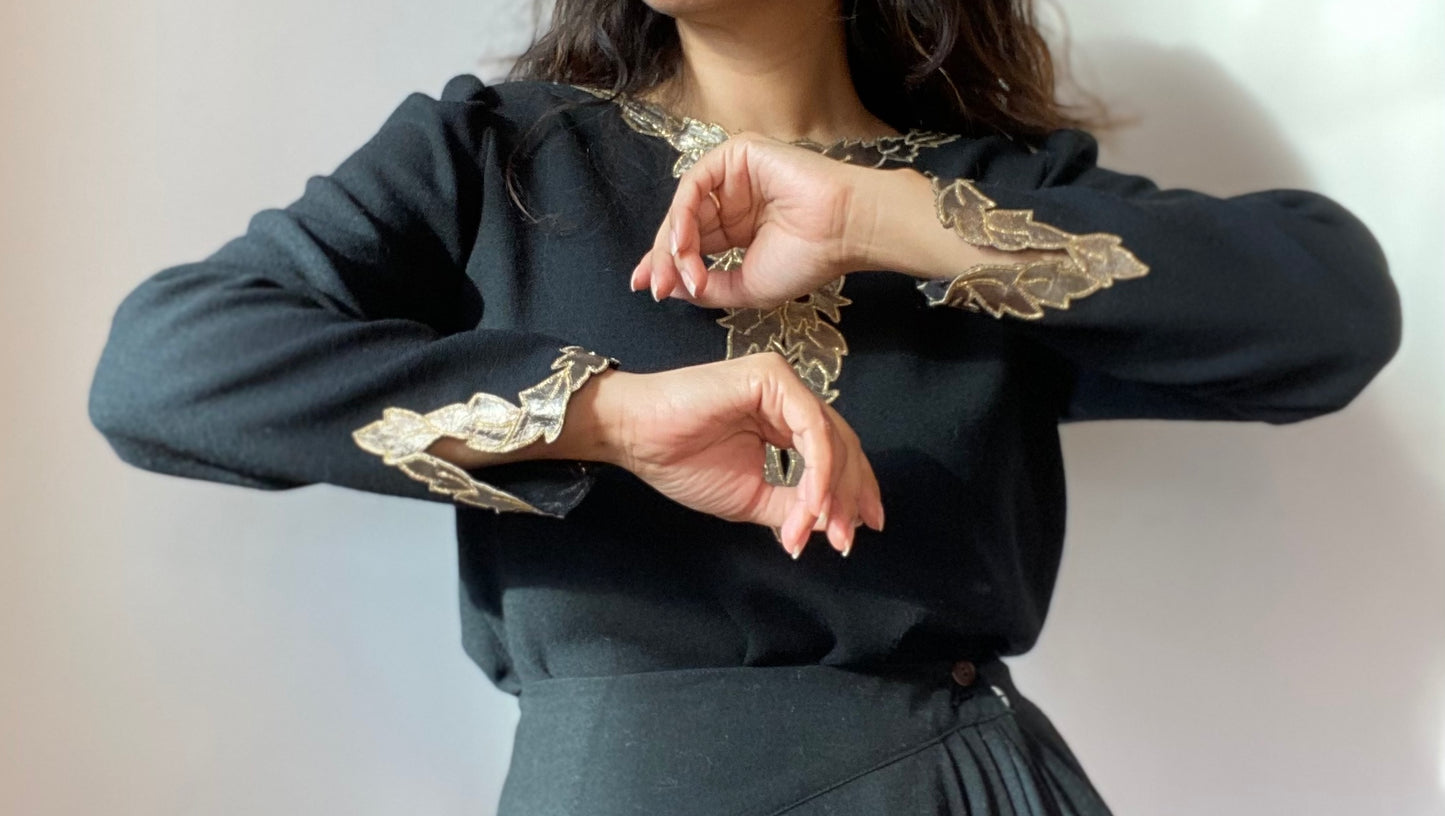 Vintage 80s Christian Dior Wool Crepe Gold Leather Detail Long Sleeve Top