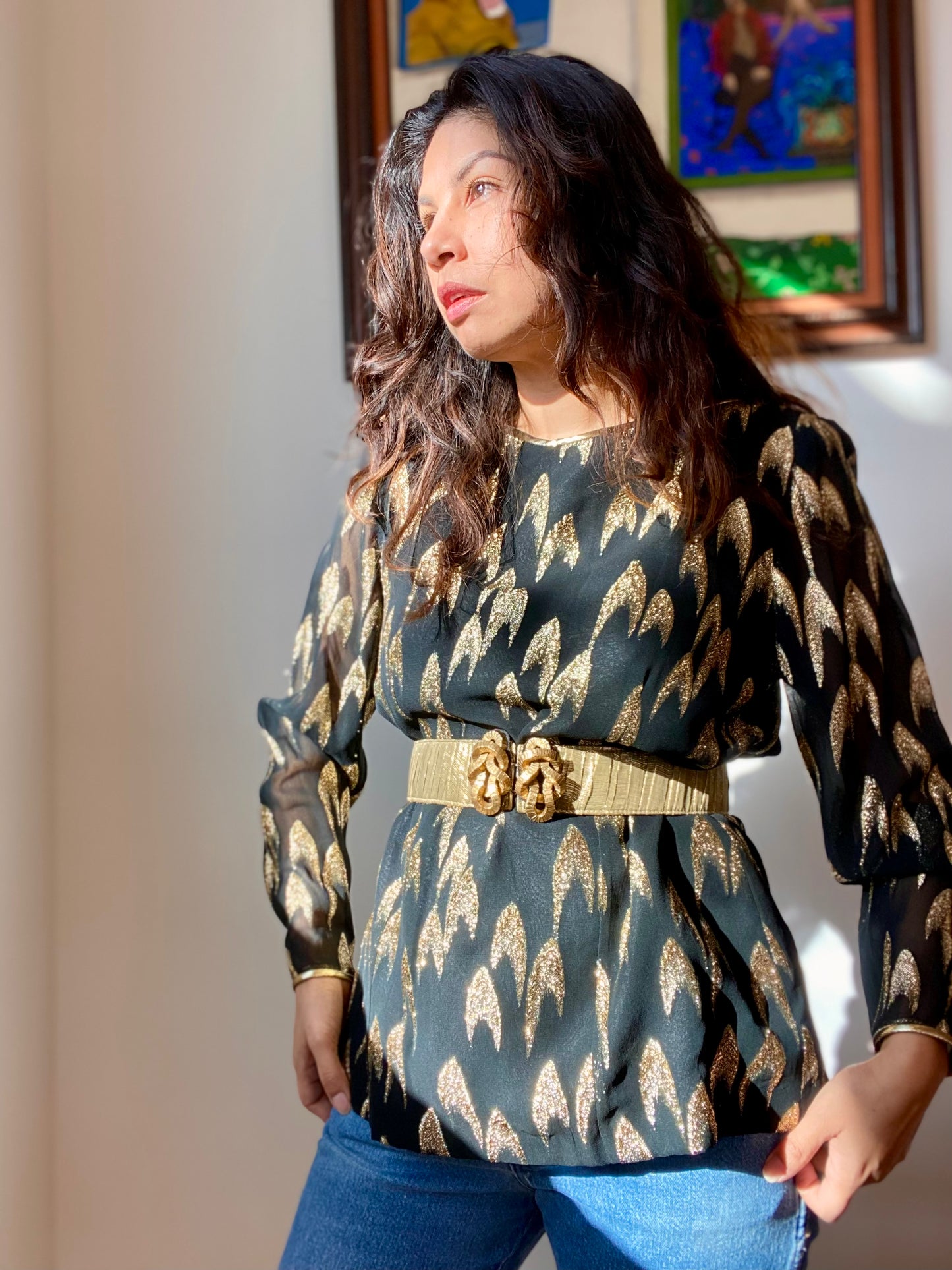 Vintage 80's Metallic Gold Lurex Black Chiffon Blouse Large