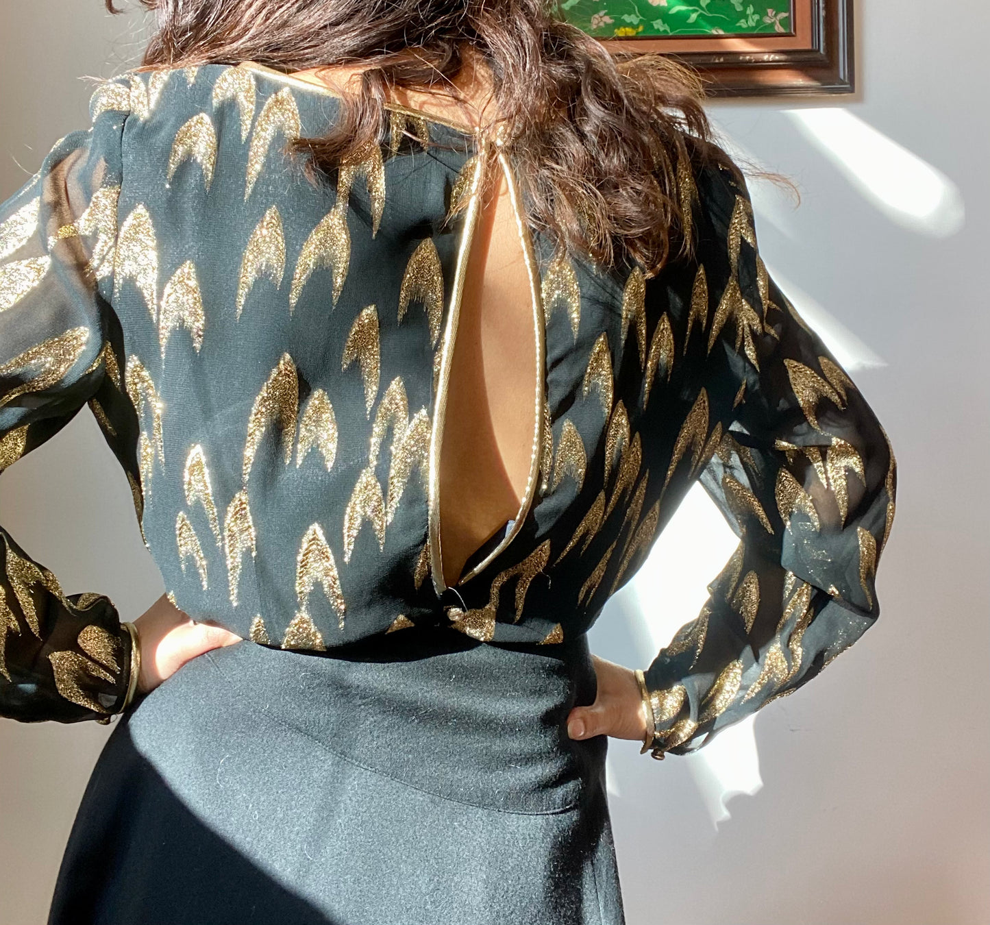 Vintage 80's Metallic Gold Lurex Black Chiffon Blouse Large