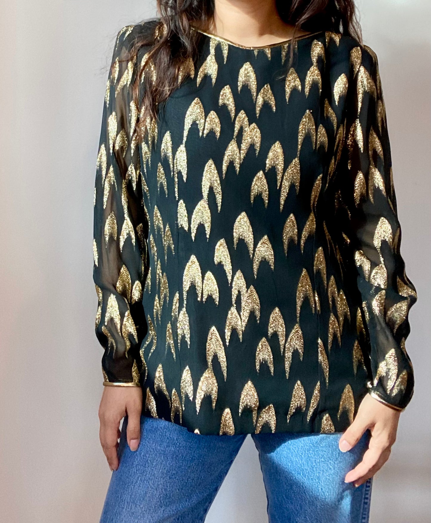 Vintage 80's Metallic Gold Lurex Black Chiffon Blouse Large