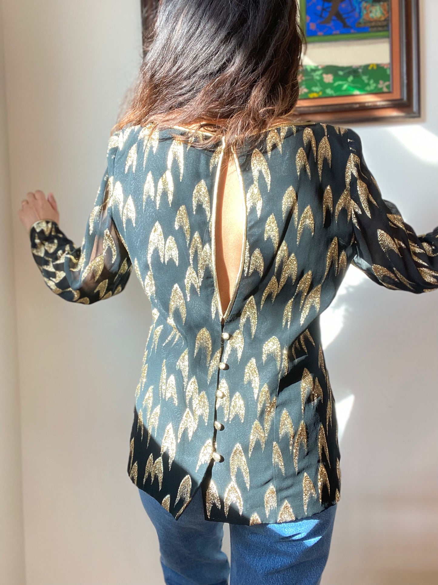 Vintage 80's Metallic Gold Lurex Black Chiffon Blouse Large
