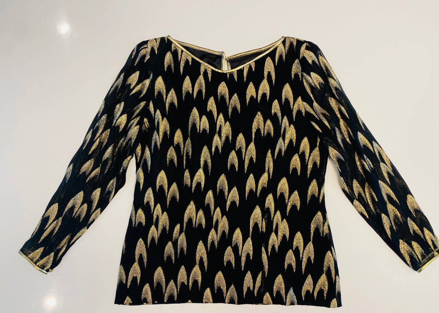 Vintage 80's Metallic Gold Lurex Black Chiffon Blouse Large