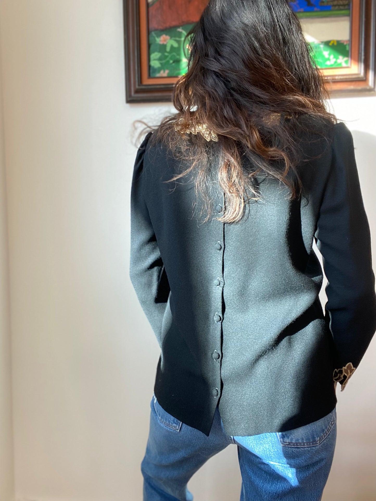 Vintage 80s Christian Dior Wool Crepe Gold Leather Detail Long Sleeve Top