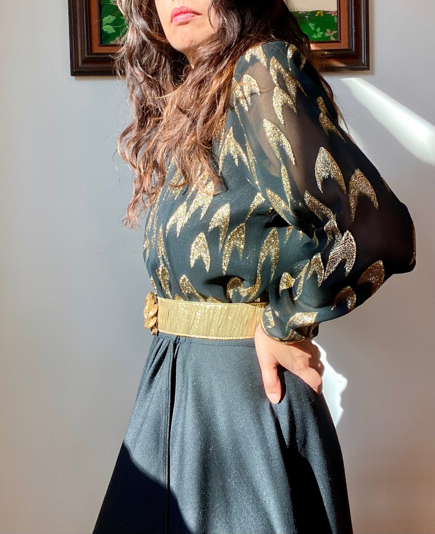 Vintage 80's Metallic Gold Lurex Black Chiffon Blouse Large