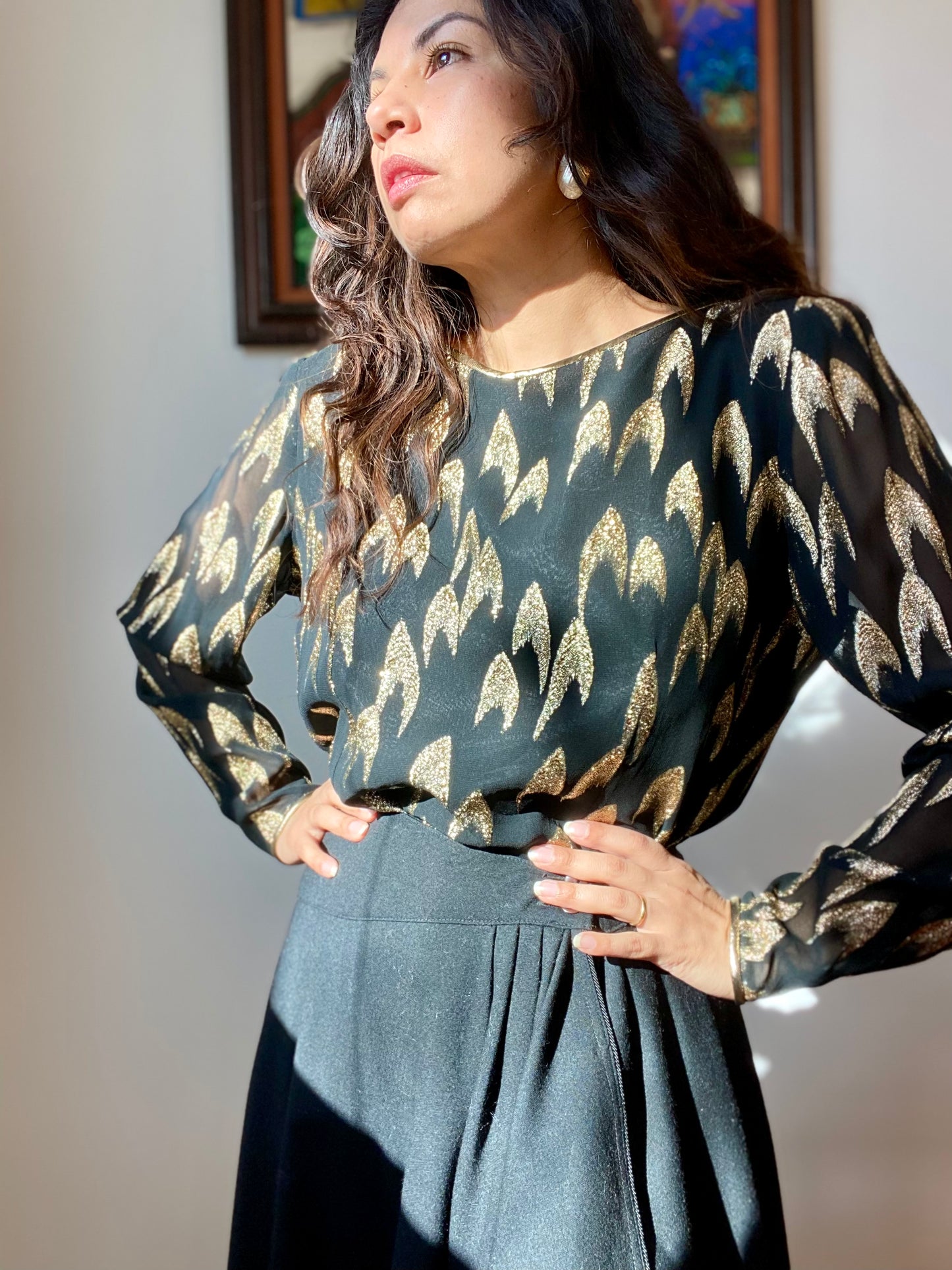 Vintage 80's Metallic Gold Lurex Black Chiffon Blouse Large