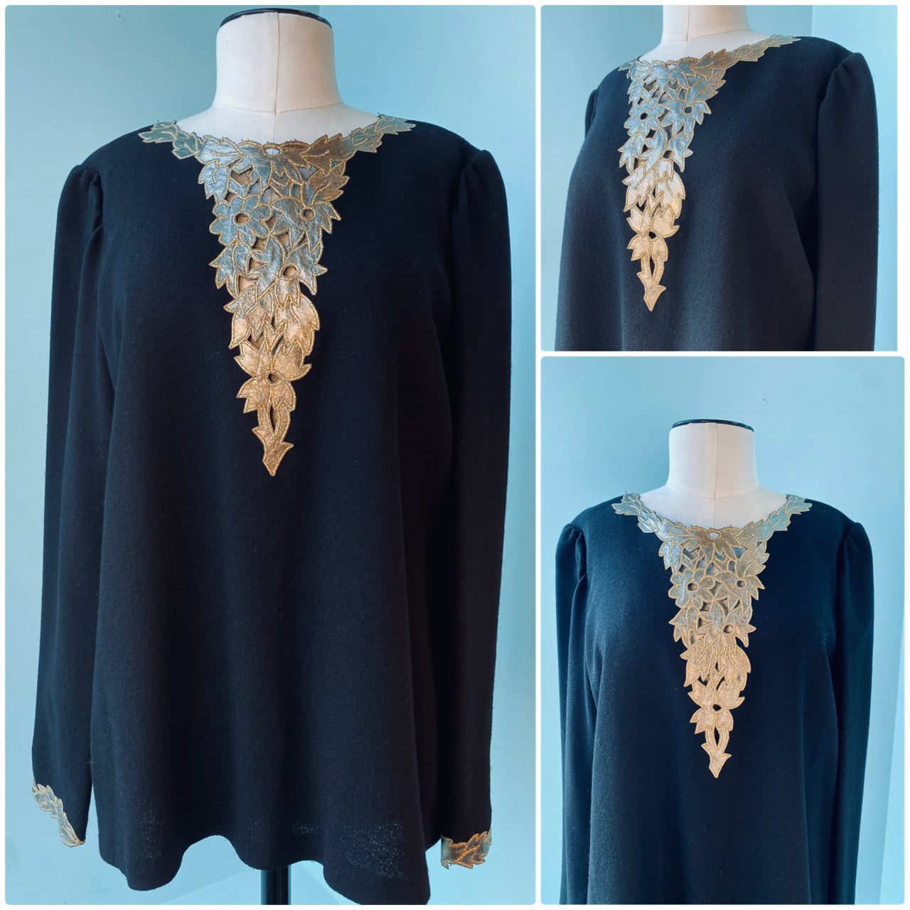 Vintage 80s Christian Dior Wool Crepe Gold Leather Detail Long Sleeve Top