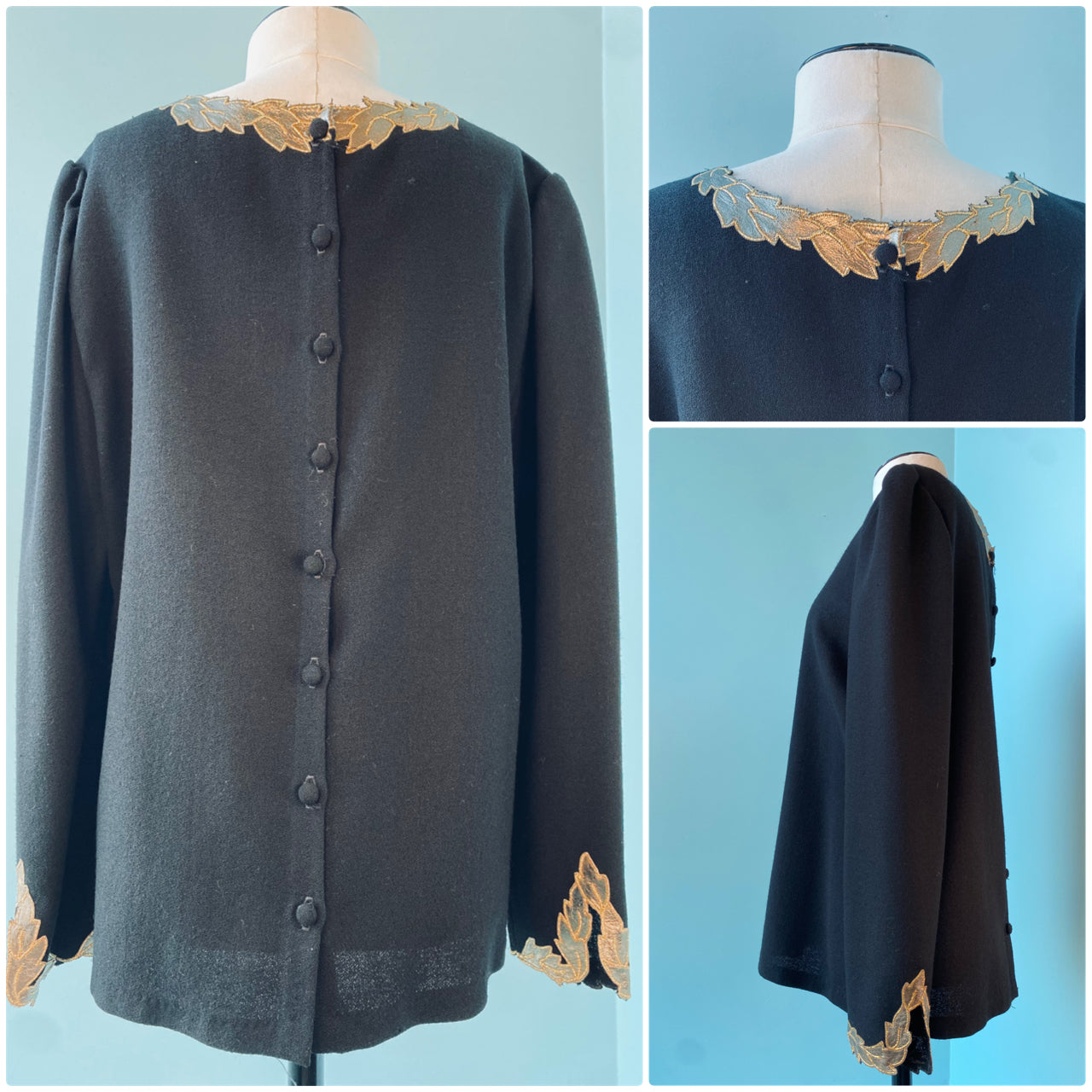 Vintage 80s Christian Dior Wool Crepe Gold Leather Detail Long Sleeve Top