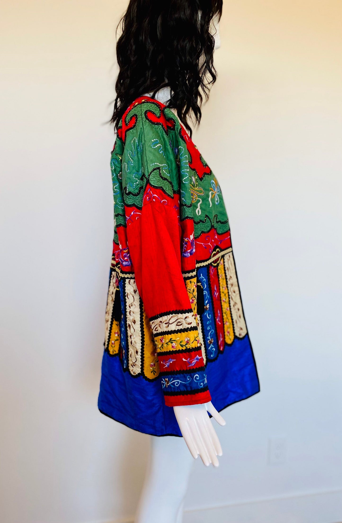 Rare Judith Ann Exclusive Raw Silk Embroidered Colorful Patchwork Swing Jacket Made in India