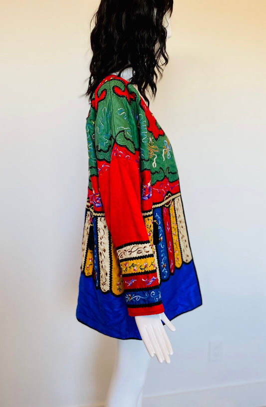 Rare Judith Ann Exclusive Raw Silk Embroidered Colorful Patchwork Swing Jacket Made in India