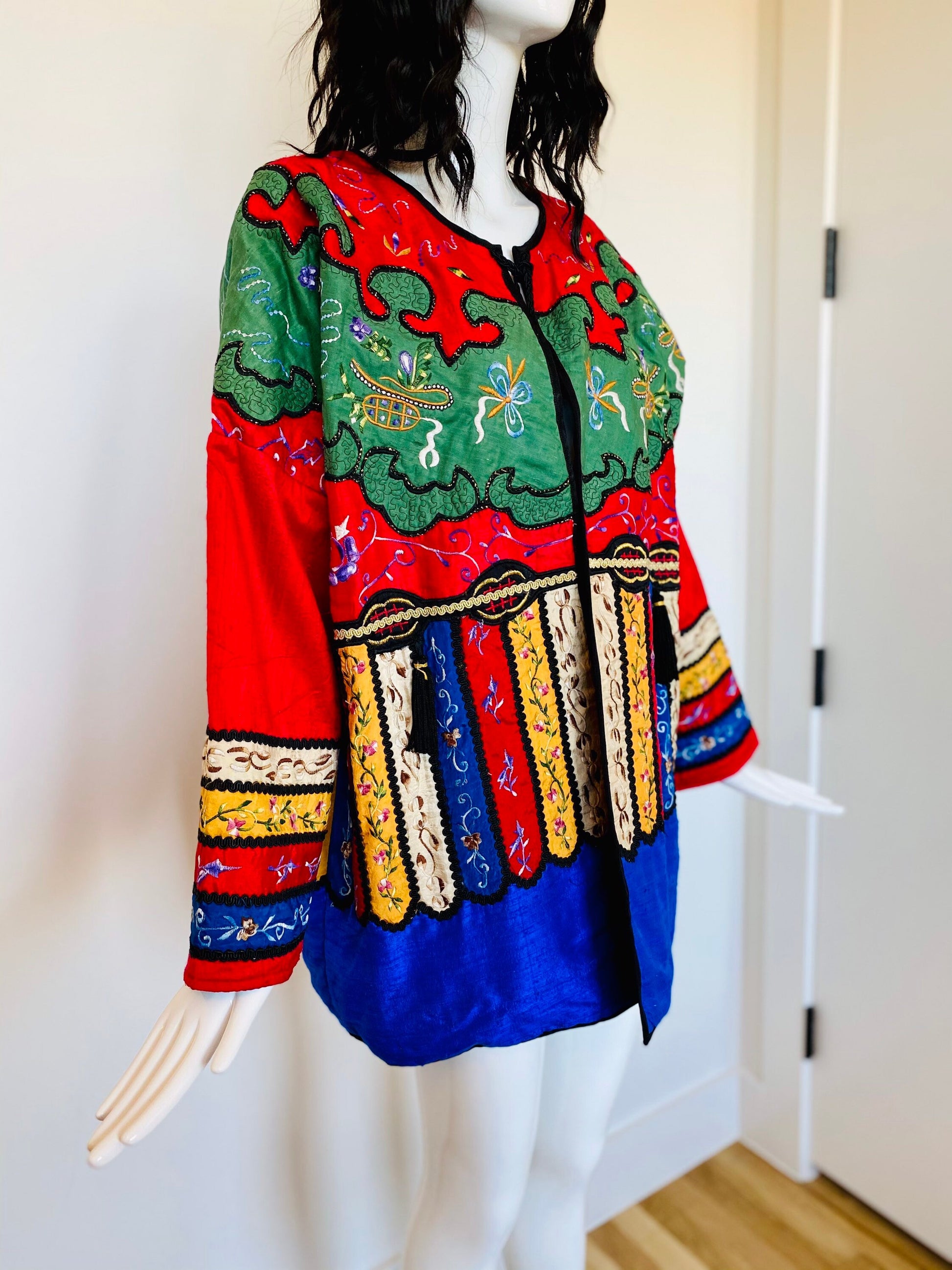Rare Judith Ann Exclusive Raw Silk Embroidered Colorful Patchwork Swing Jacket Made in India