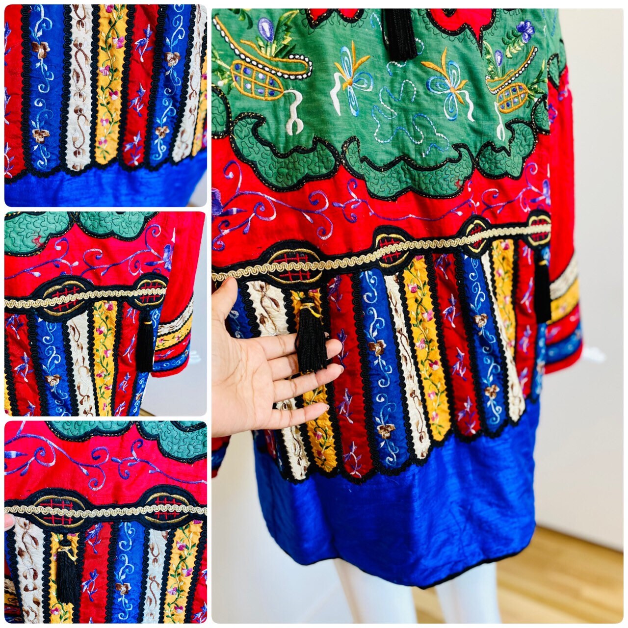 Rare Judith Ann Exclusive Raw Silk Embroidered Colorful Patchwork Swing Jacket Made in India