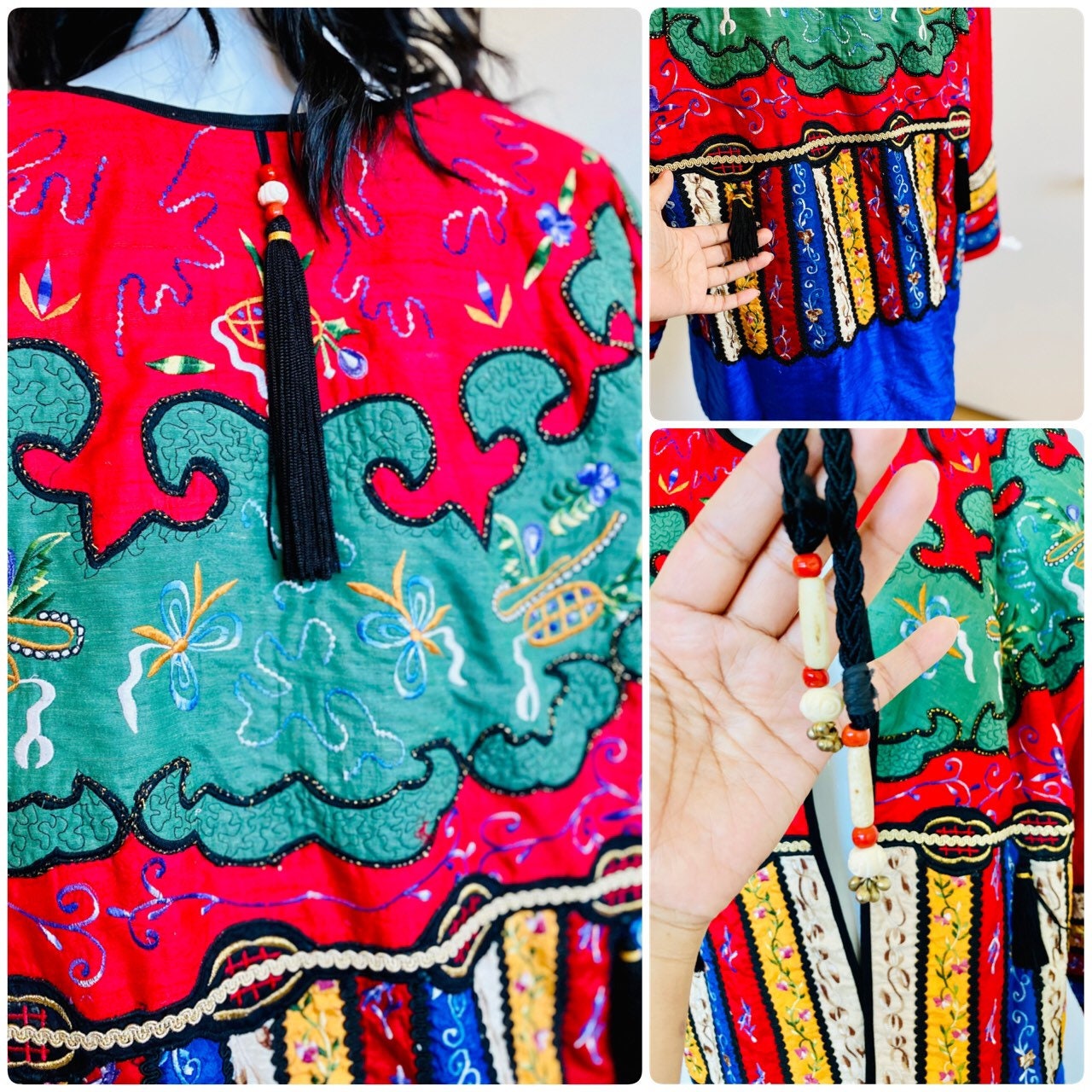 Rare Judith Ann Exclusive Raw Silk Embroidered Colorful Patchwork Swing Jacket Made in India