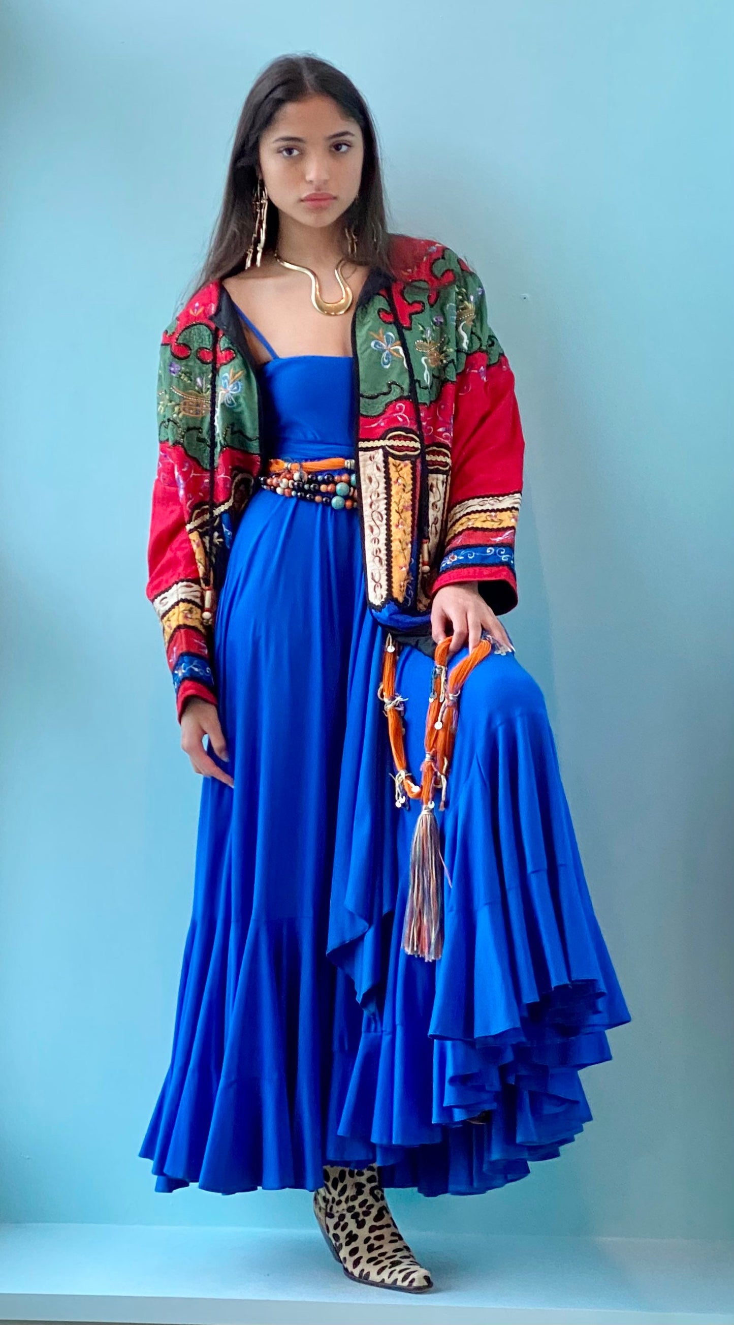 Rare Judith Ann Exclusive Raw Silk Embroidered Colorful Patchwork Swing Jacket Made in India