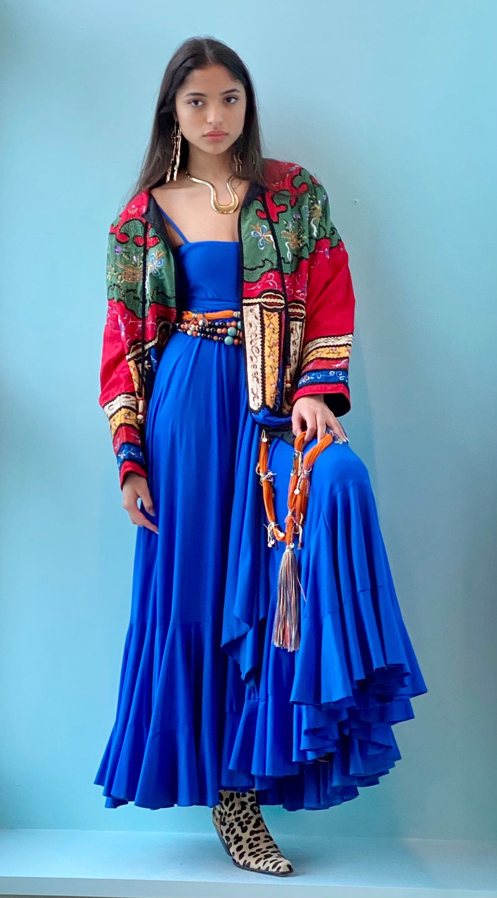 Rare Judith Ann Exclusive Raw Silk Embroidered Colorful Patchwork Swing Jacket Made in India