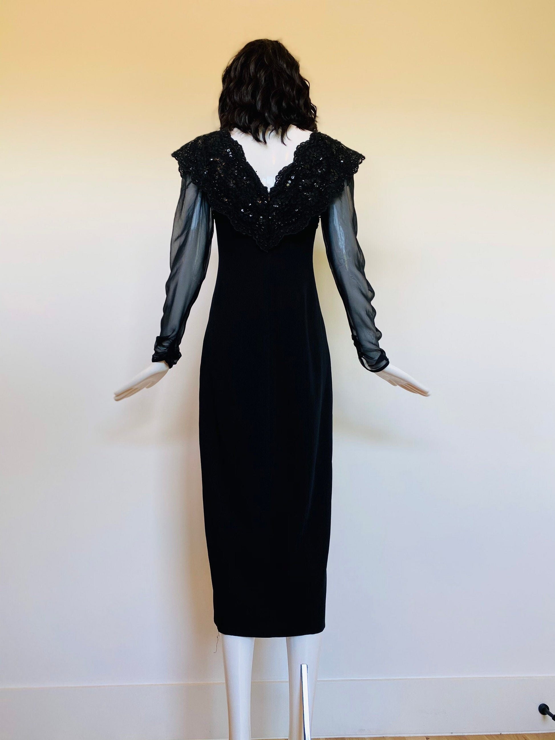 80s Pierre BALMAIN Paris Couture Black Crepe Shift Chiffon Sheer Long Sleeve Lace Beaded Collar High Slit Dress LBD