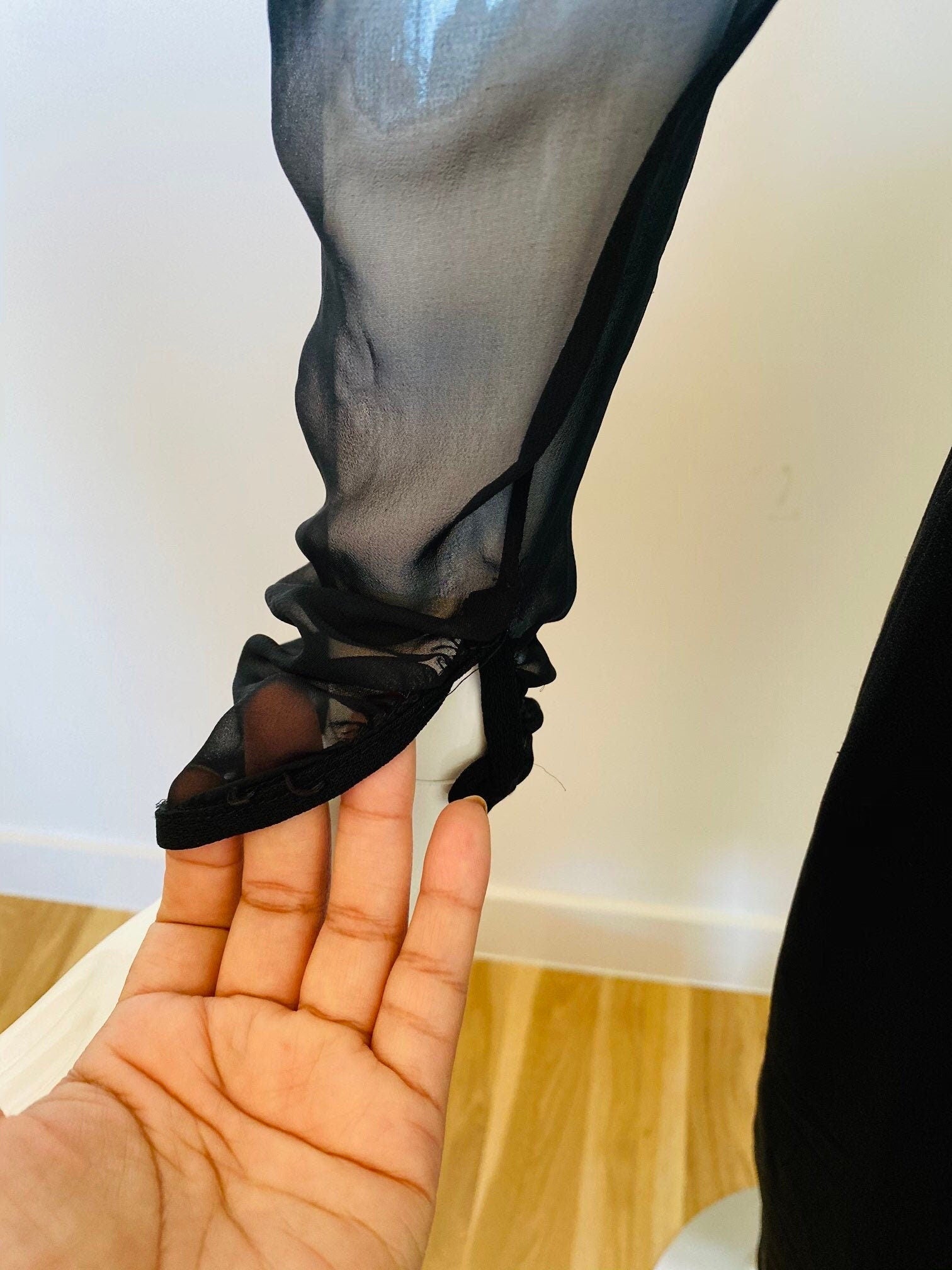 80s Pierre BALMAIN Paris Couture Black Crepe Shift Chiffon Sheer Long Sleeve Lace Beaded Collar High Slit Dress LBD