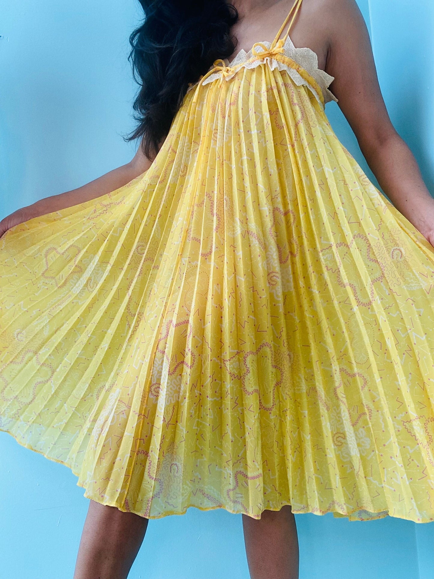 70s Zandra RHODES Yellow Pleated Lace Trimmed Tent Slip Dress
