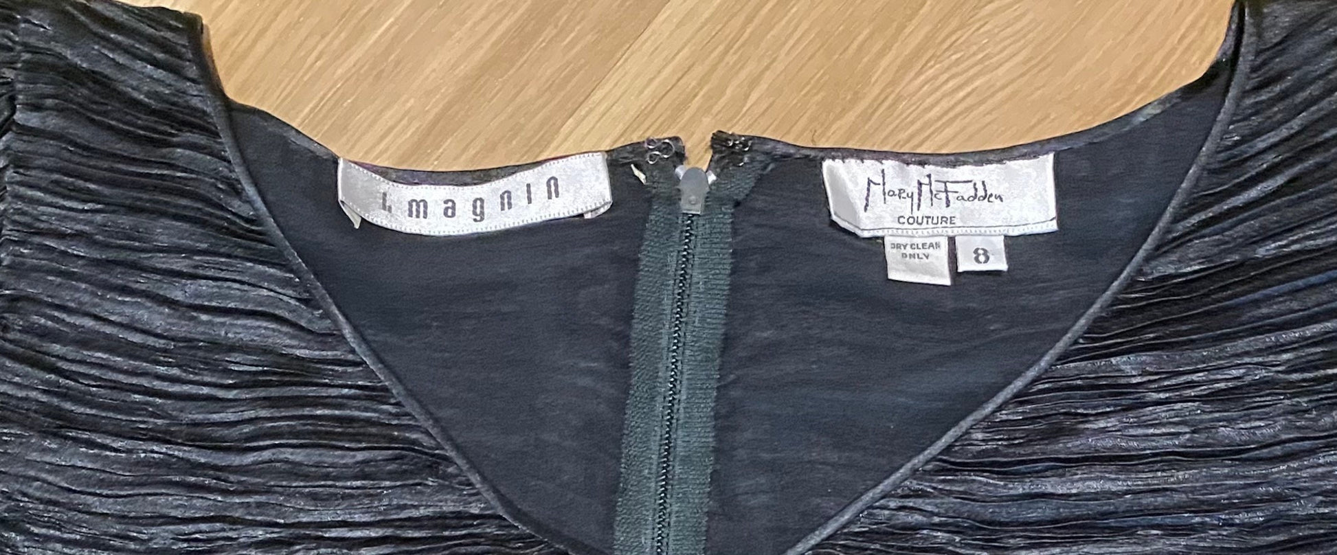 80s Black Mary McFadden Couture "Marii" Plisse Ruffled Sleeve Dress