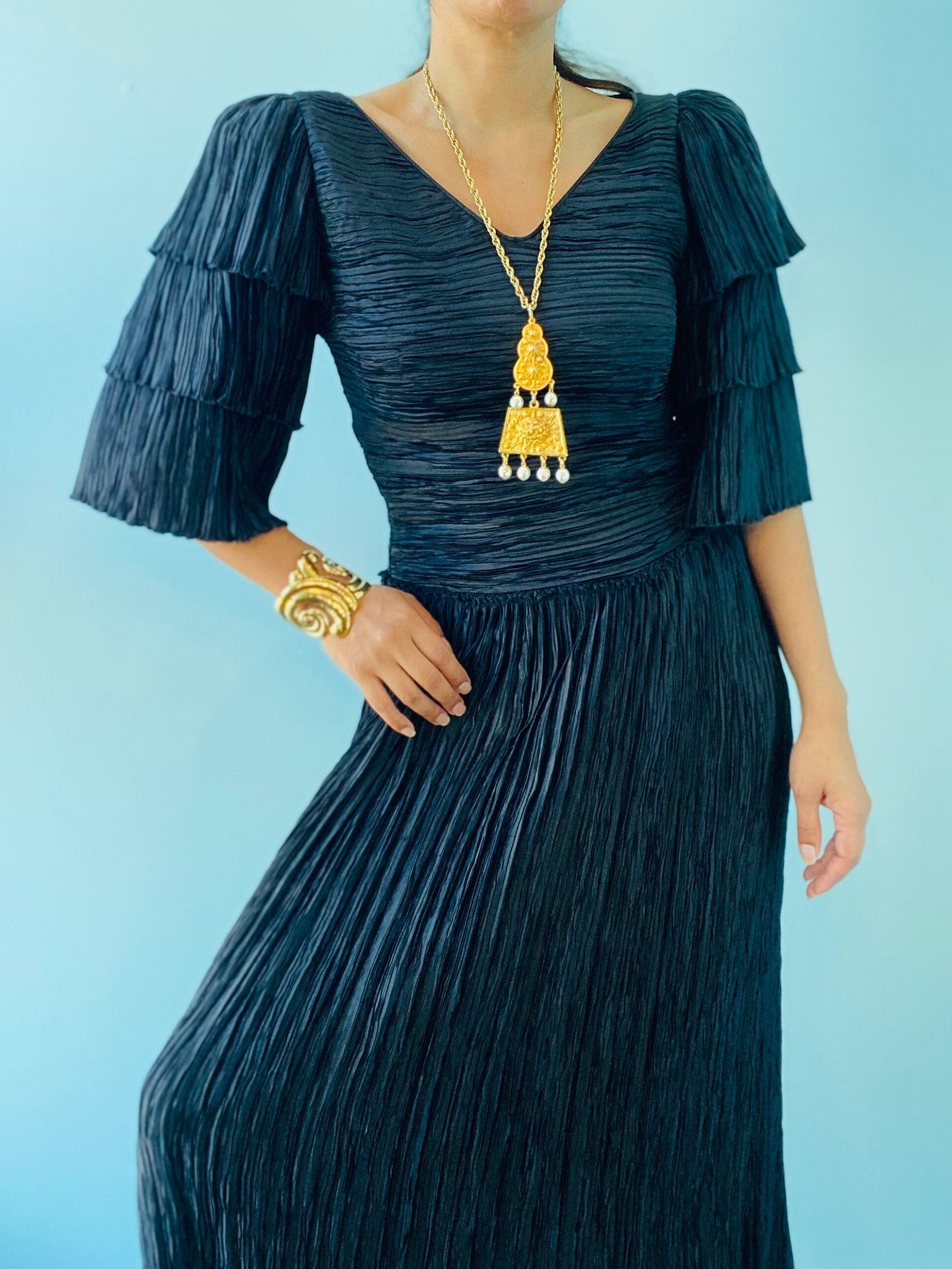 80s Black Mary McFadden Couture "Marii" Plisse Ruffled Sleeve Dress