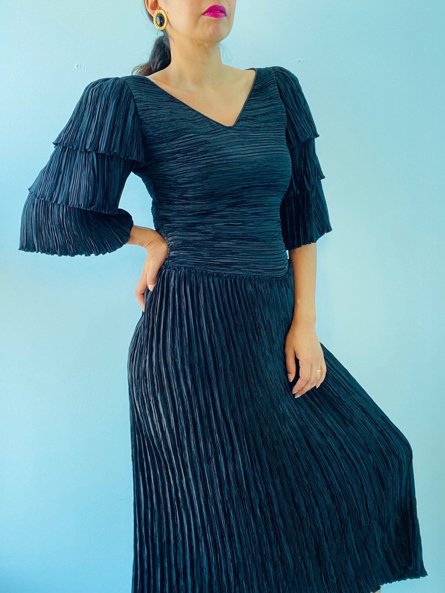 80s Black Mary McFadden Couture "Marii" Plisse Ruffled Sleeve Dress