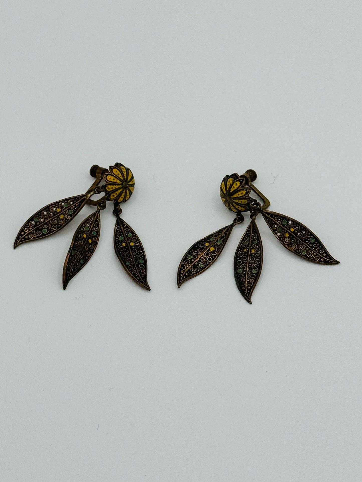 40's Enameled Screw Back Chandelier Earrings Floral and Leaves Motif