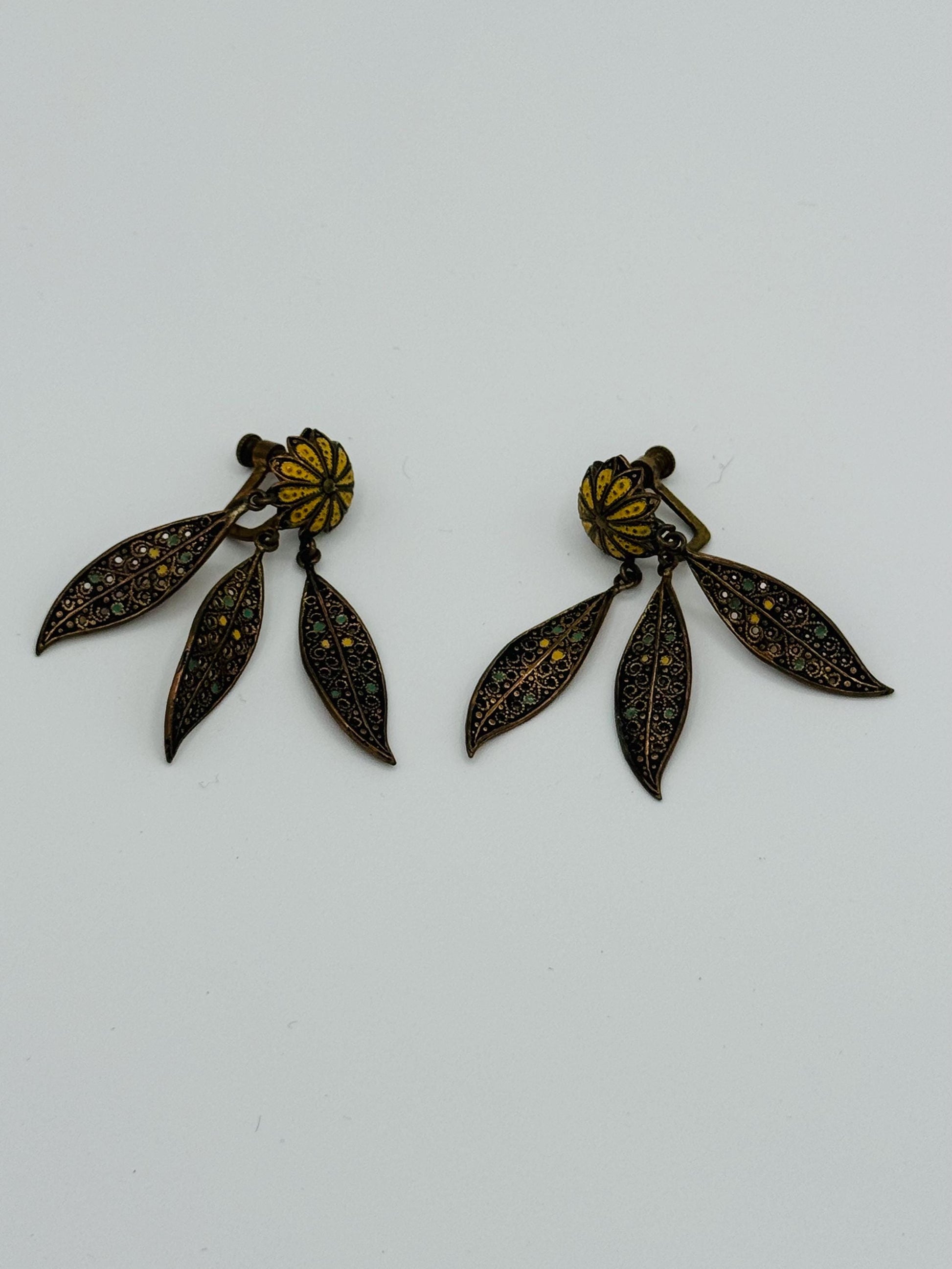 40's Enameled Screw Back Chandelier Earrings Floral and Leaves Motif