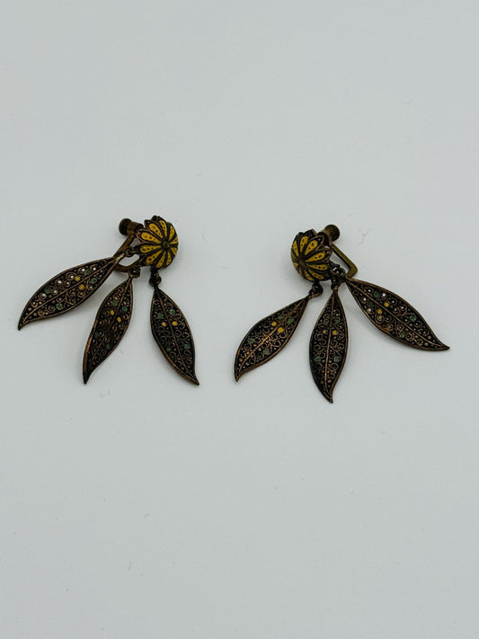 40's Enameled Screw Back Chandelier Earrings Floral and Leaves Motif