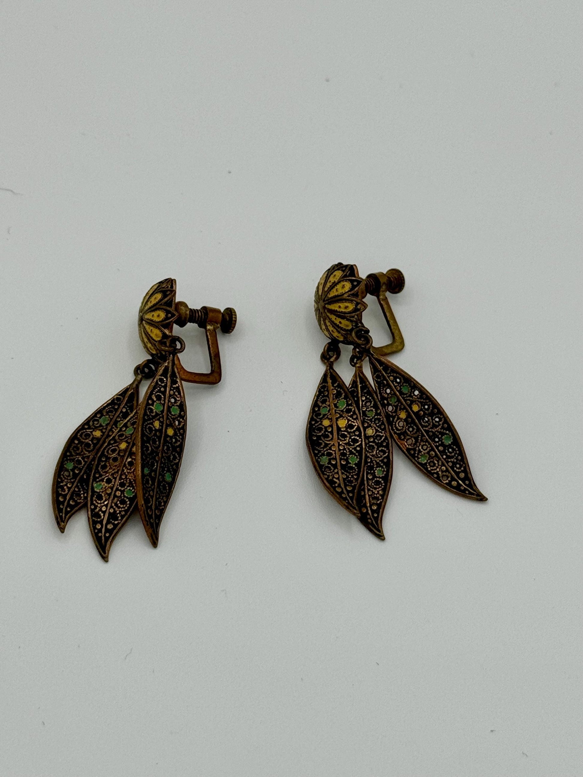 40's Enameled Screw Back Chandelier Earrings Floral and Leaves Motif