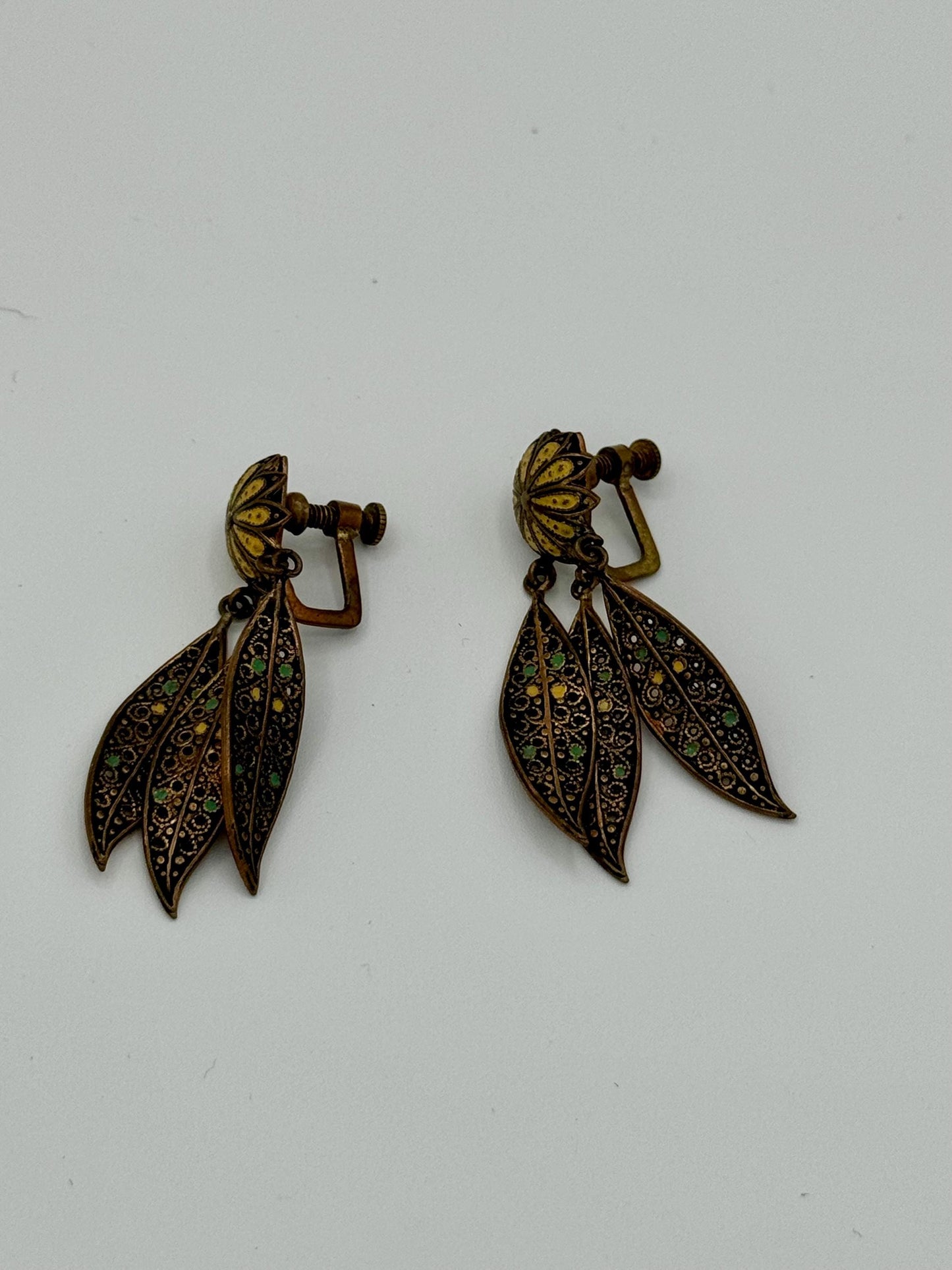 40's Enameled Screw Back Chandelier Earrings Floral and Leaves Motif