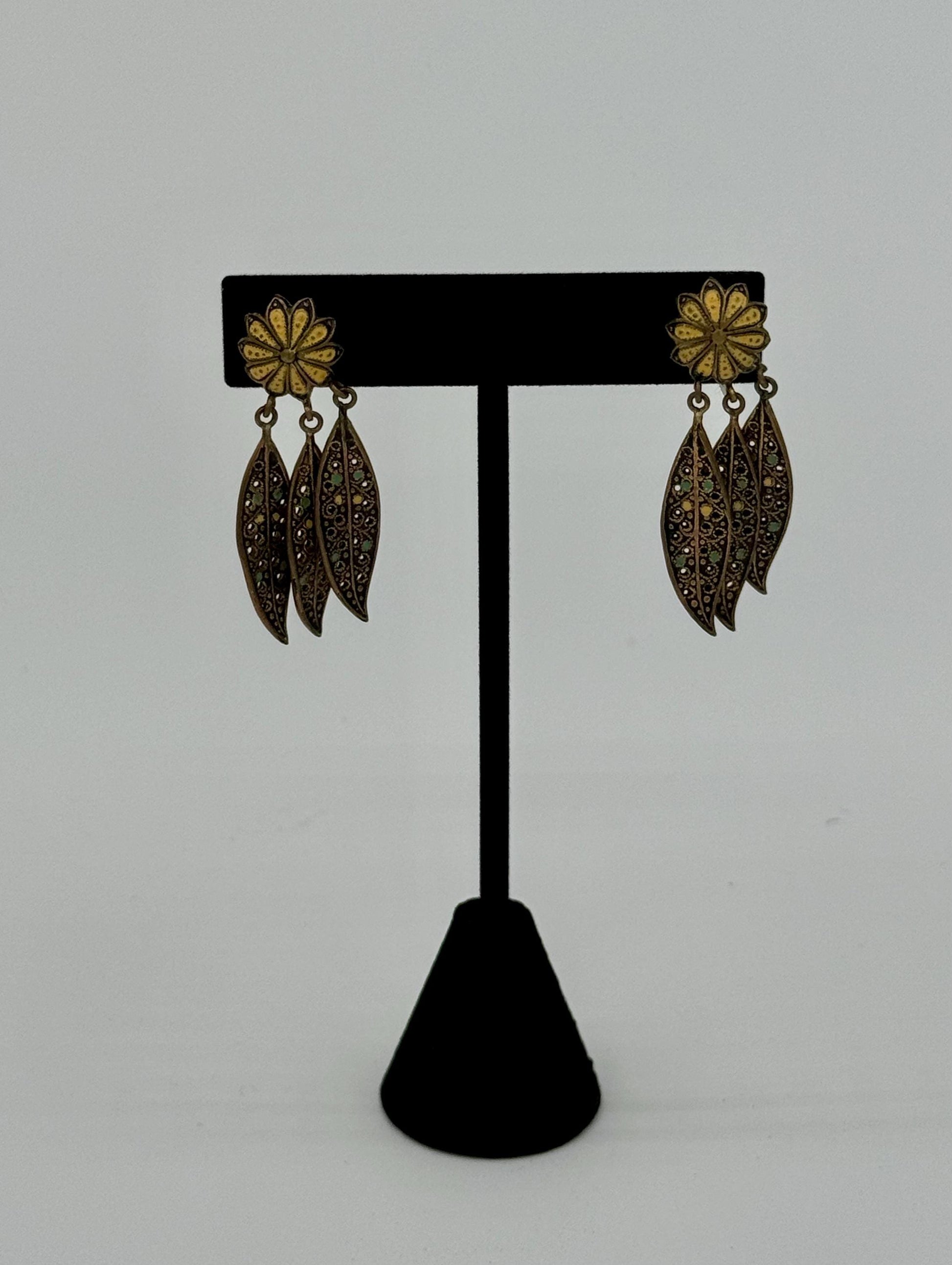 40's Enameled Screw Back Chandelier Earrings Floral and Leaves Motif