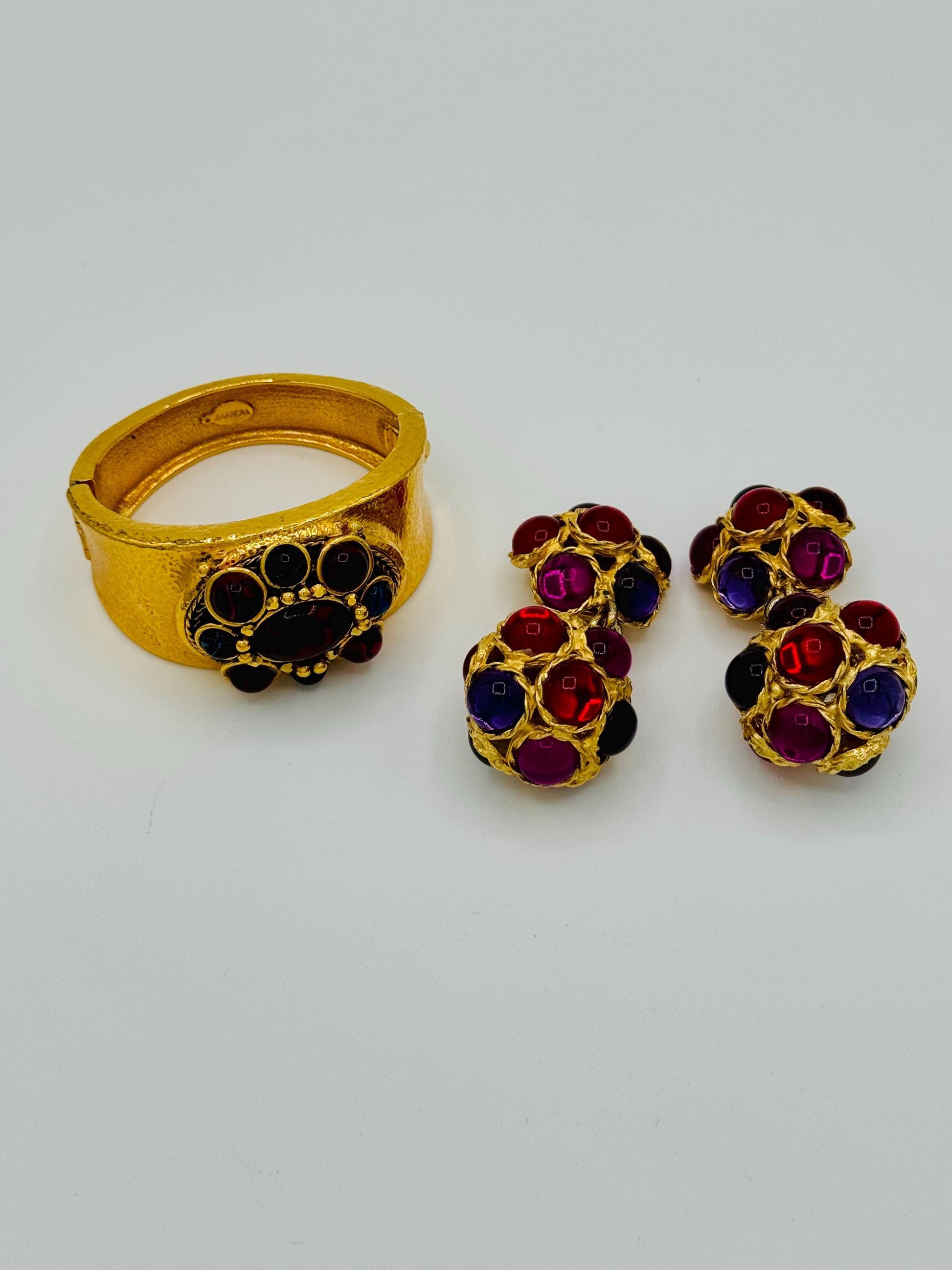 Vintage Gold Plated Cabochon Gripoix Barrera Hinged Cuffed