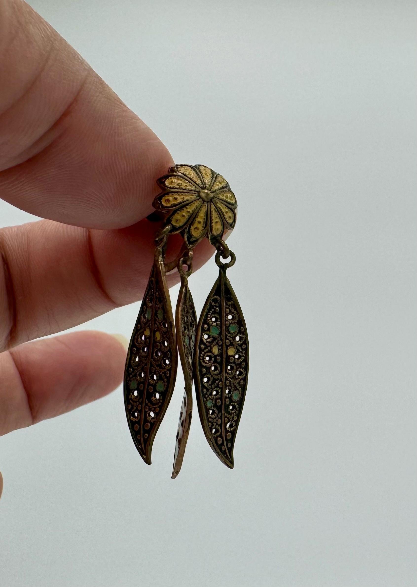 40's Enameled Screw Back Chandelier Earrings Floral and Leaves Motif