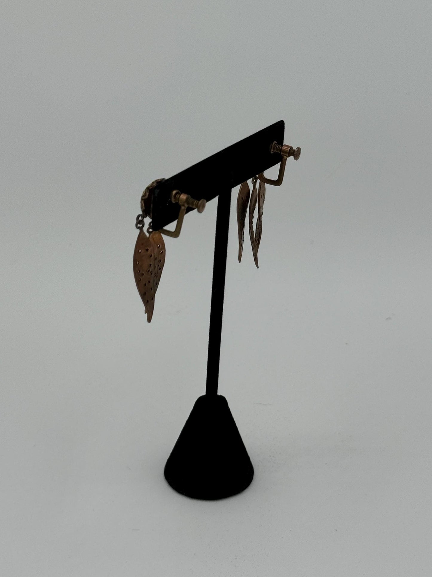 40's Enameled Screw Back Chandelier Earrings Floral and Leaves Motif