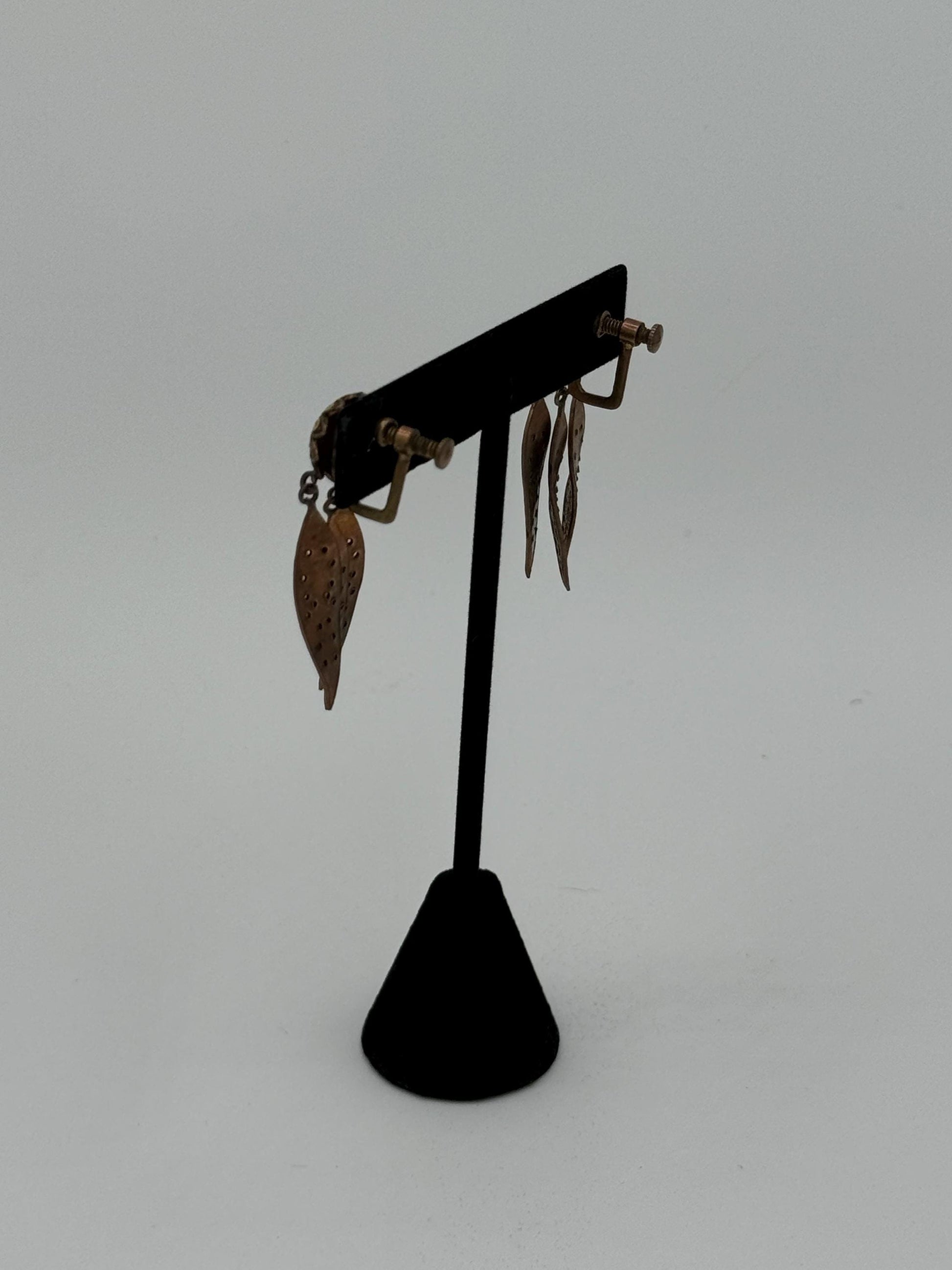 40's Enameled Screw Back Chandelier Earrings Floral and Leaves Motif