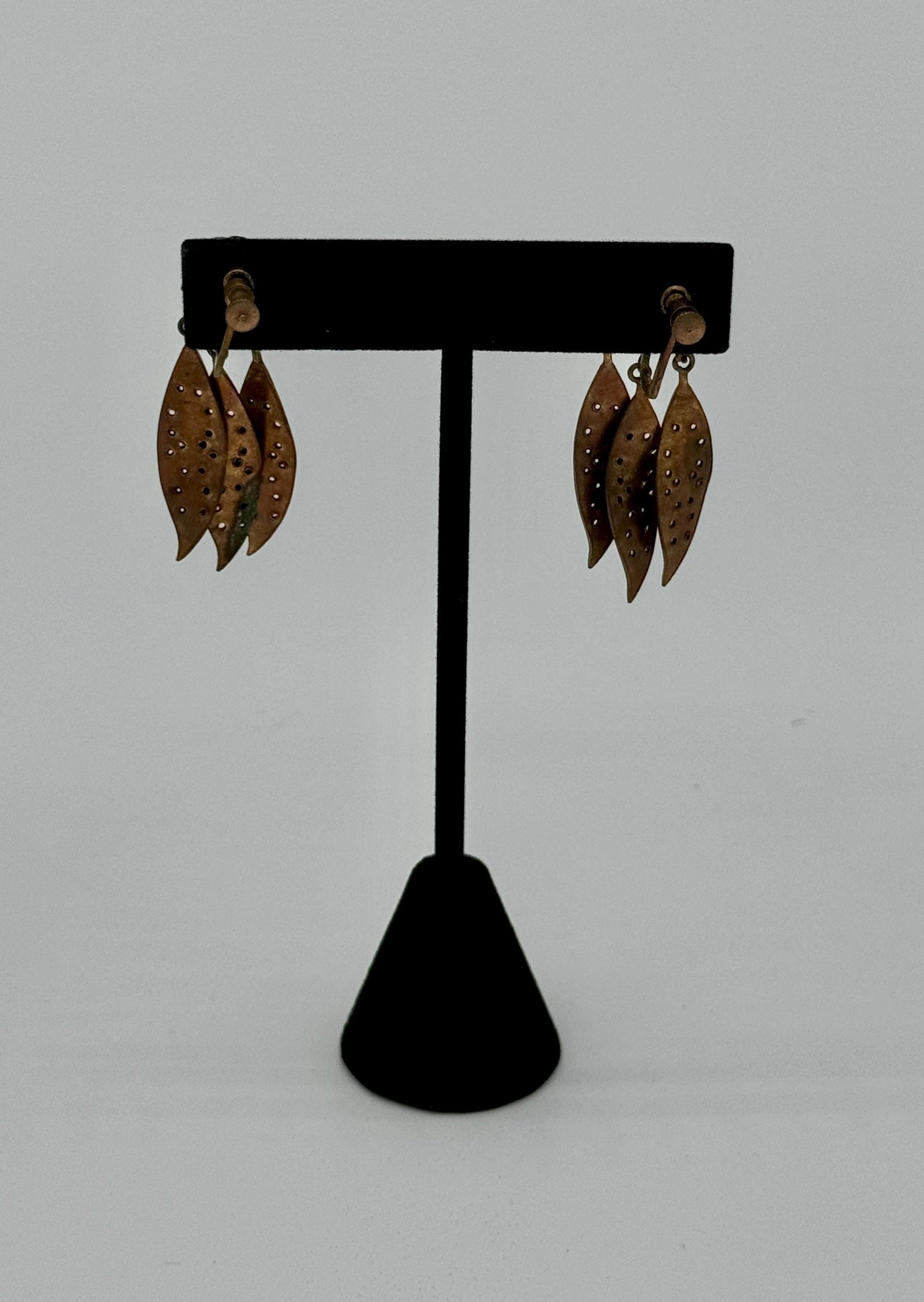 40's Enameled Screw Back Chandelier Earrings Floral and Leaves Motif
