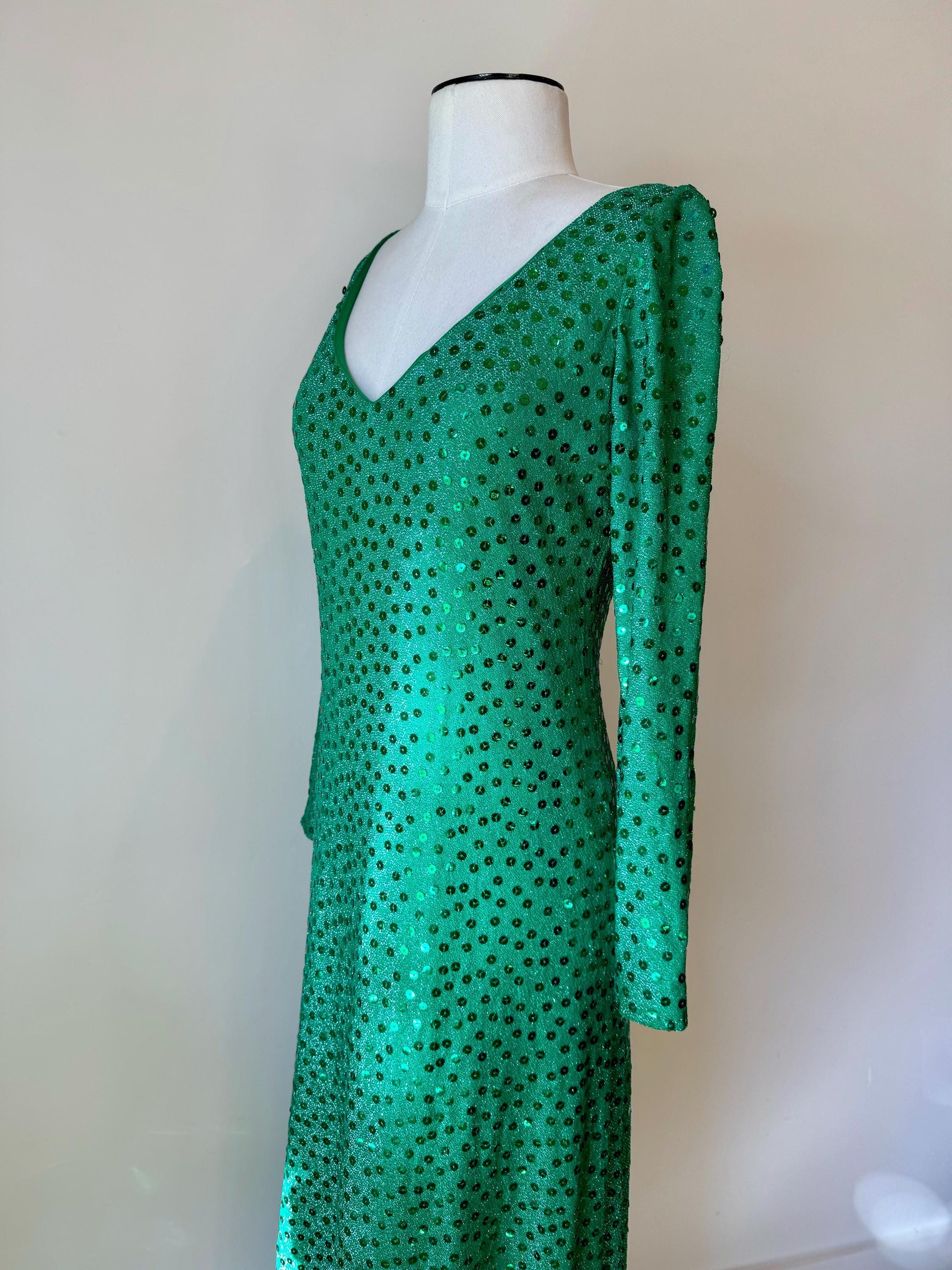 Iconic Mollie Parnis 70s Emerald Green Sequin Gown