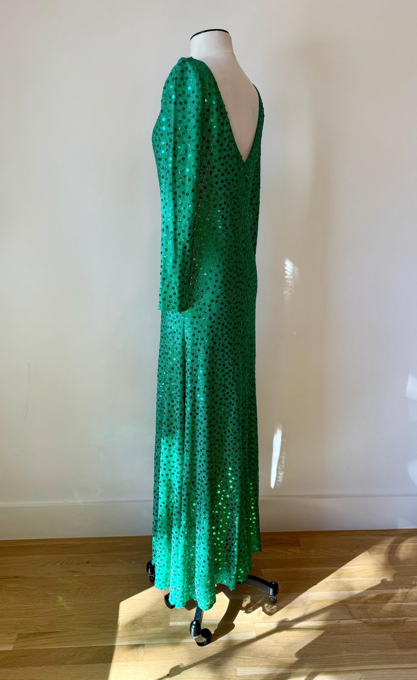 Iconic Mollie Parnis 70s Emerald Green Sequin Gown