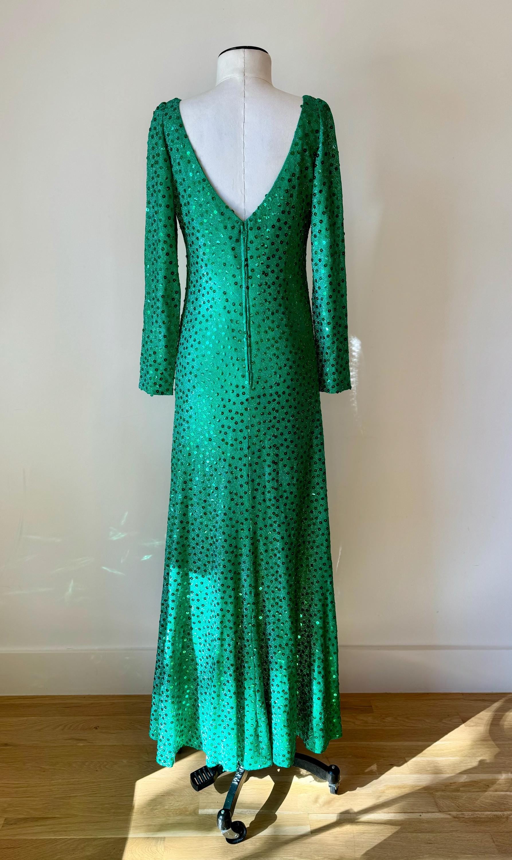 Iconic Mollie Parnis 70s Emerald Green Sequin Gown