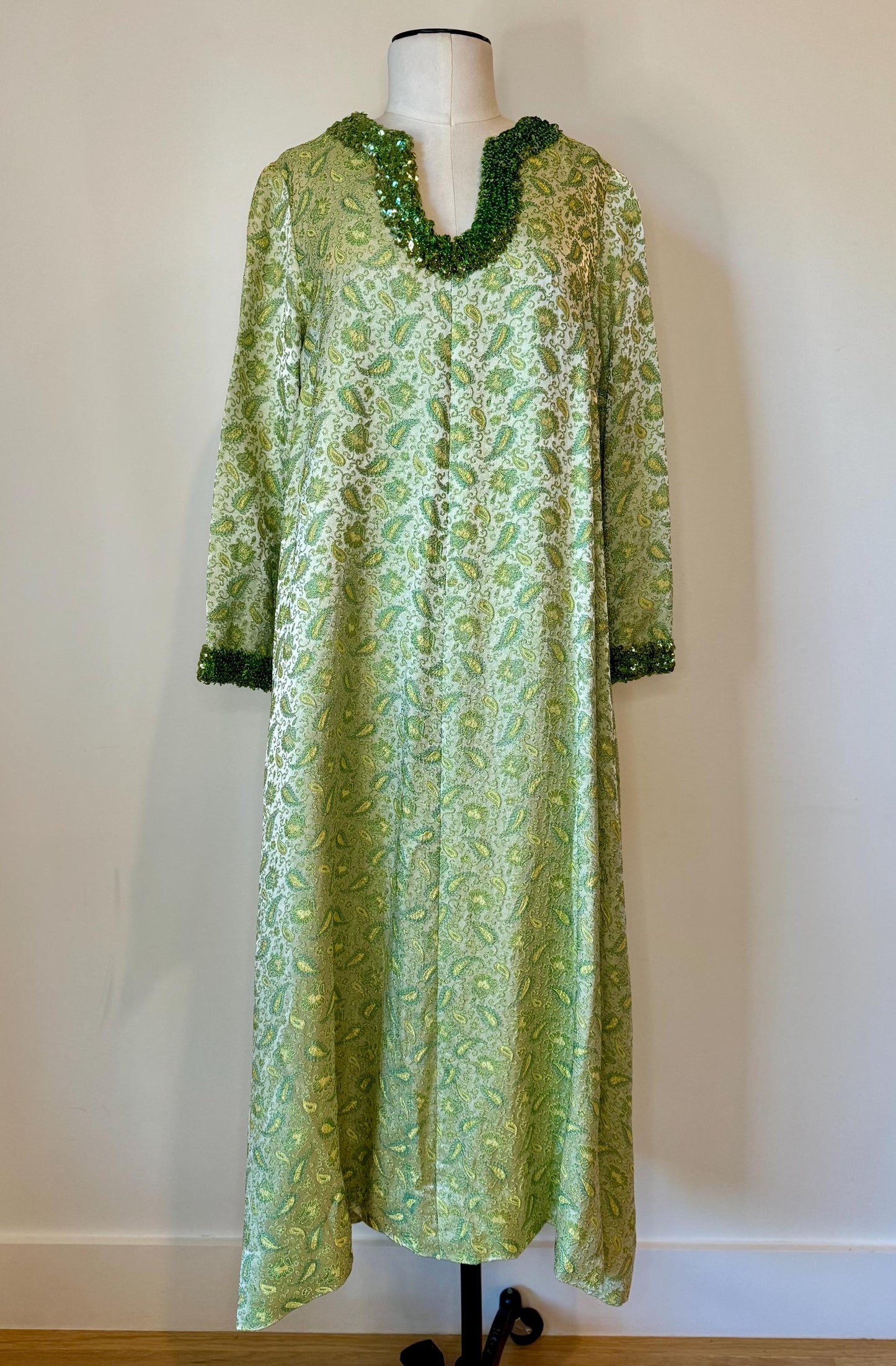 60s Hand Made Green Archived Brocade Embellished Caftan Dress