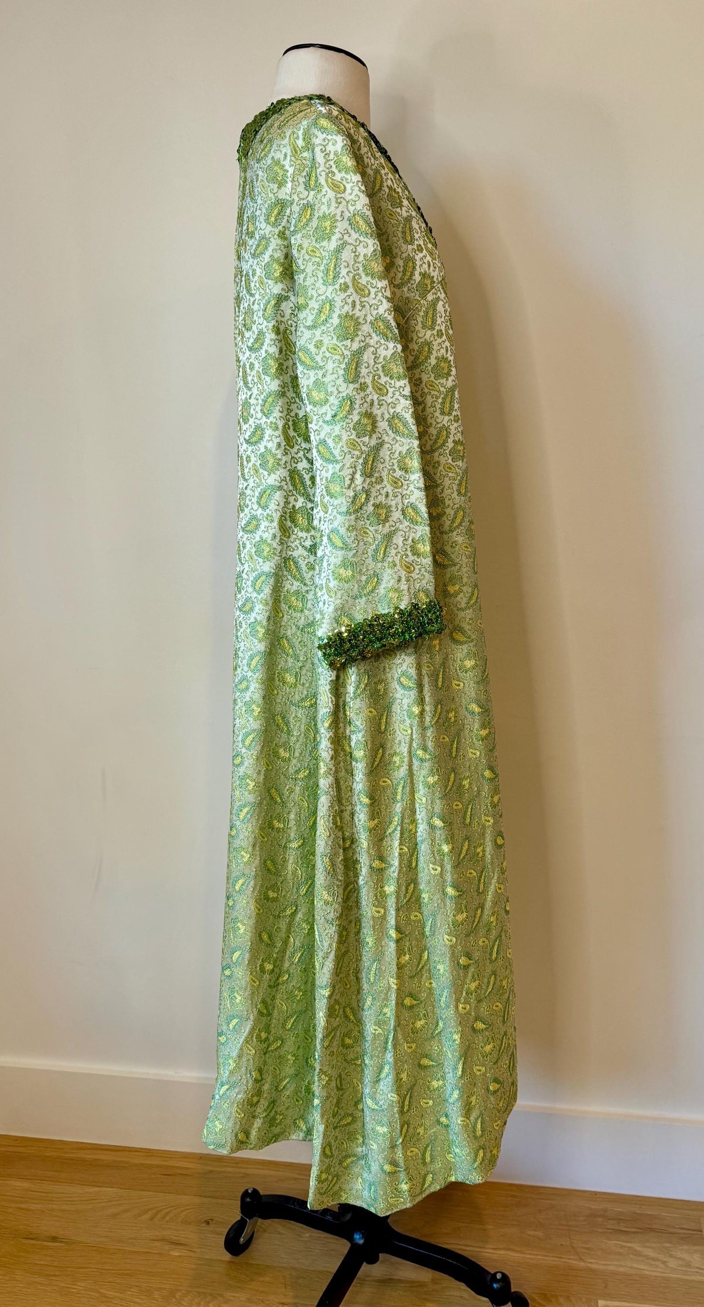 60s Hand Made Green Archived Brocade Embellished Caftan Dress