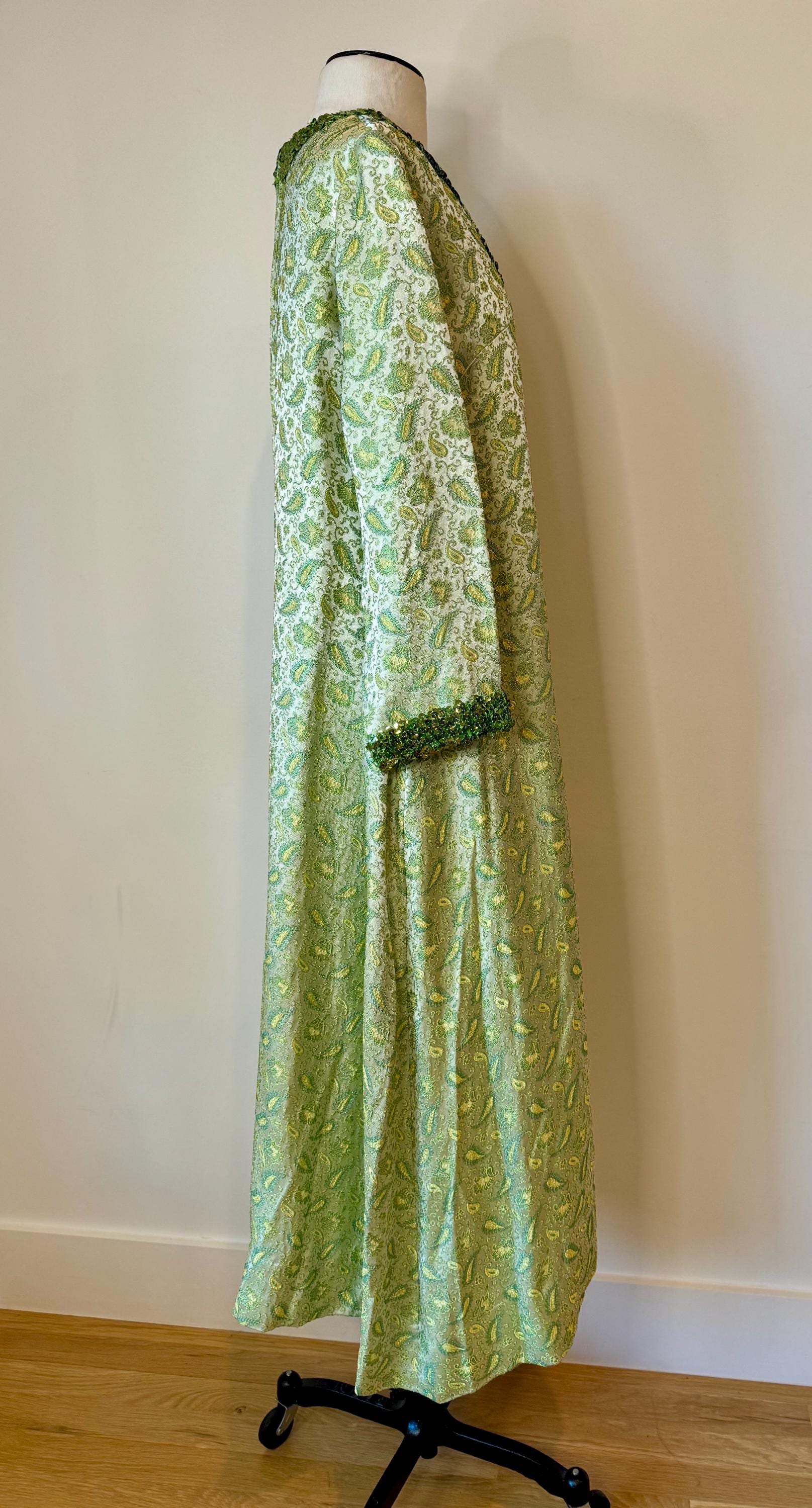 60s Hand Made Green Archived Brocade Embellished Caftan Dress