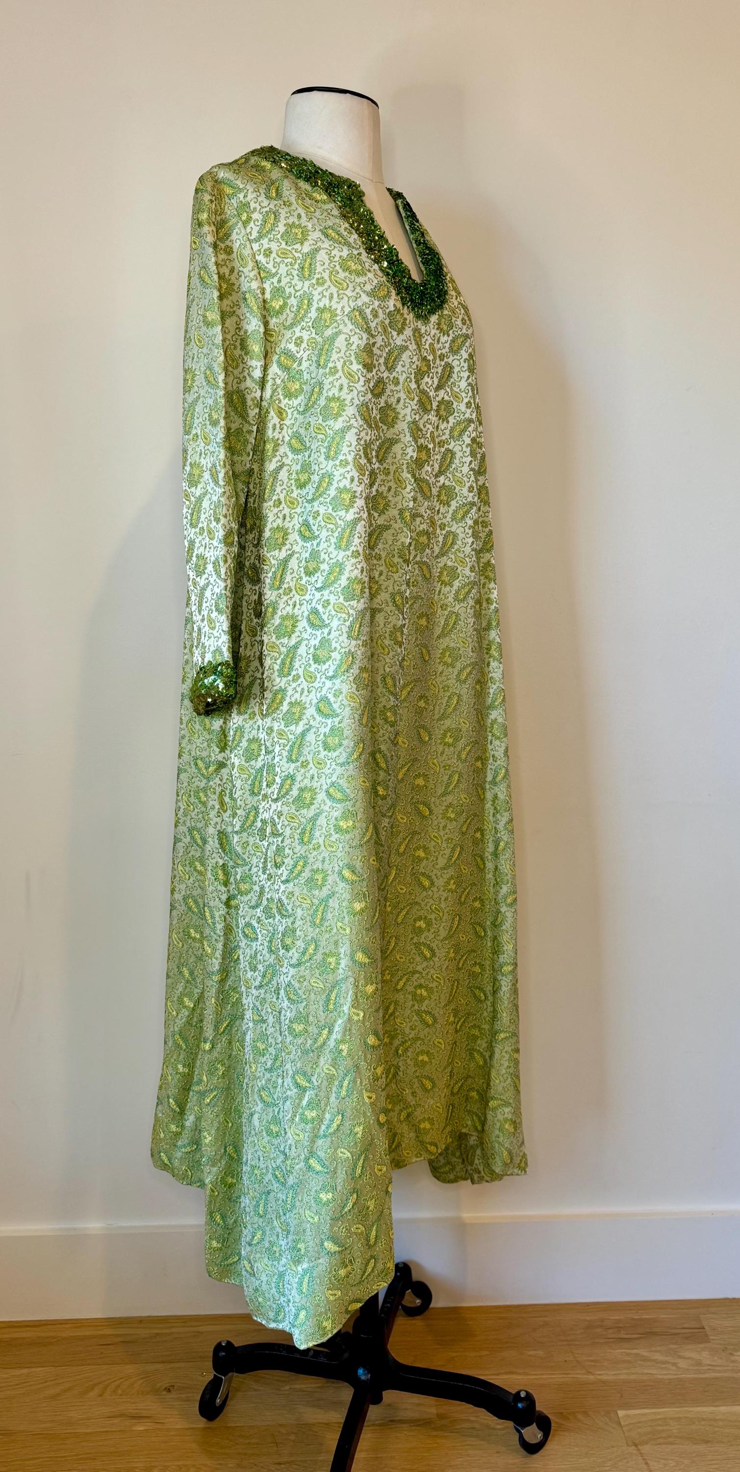 60s Hand Made Green Archived Brocade Embellished Caftan Dress