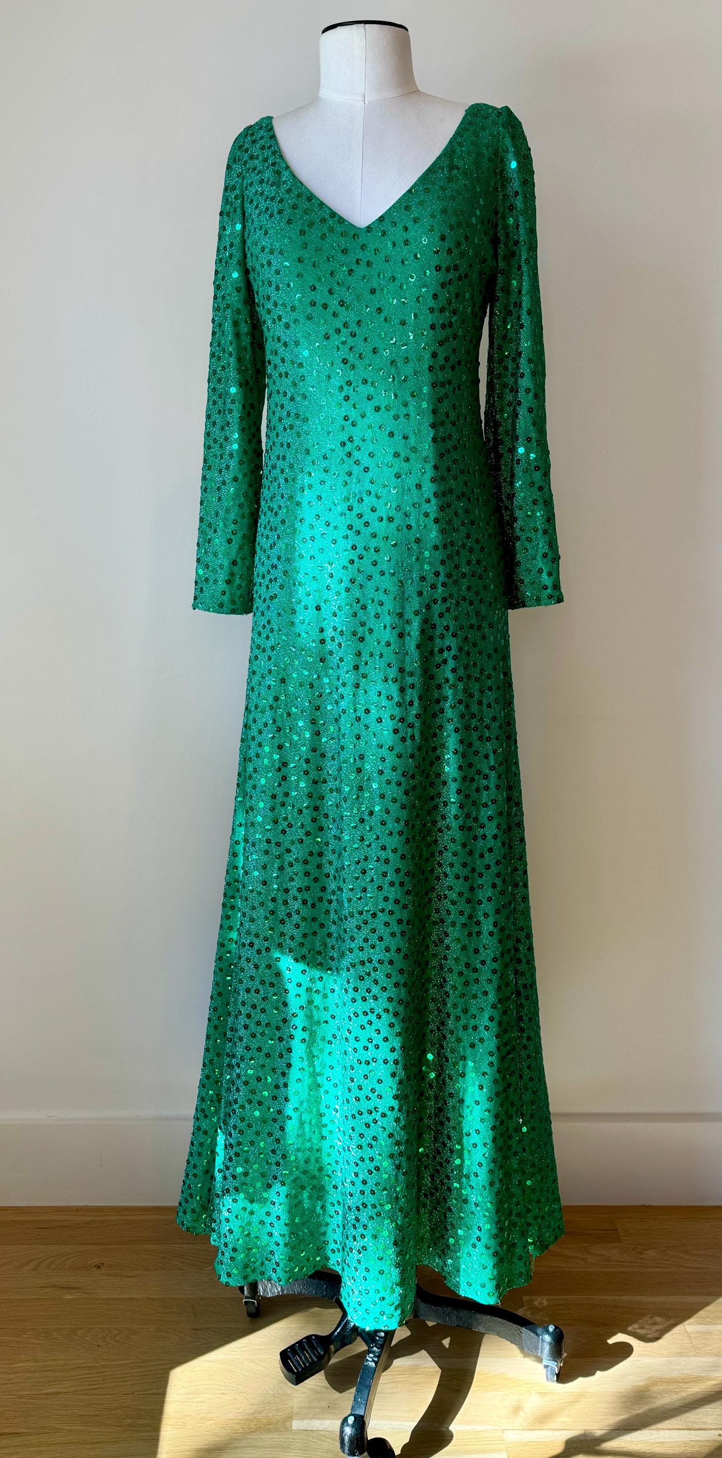 Iconic Mollie Parnis 70s Emerald Green Sequin Gown
