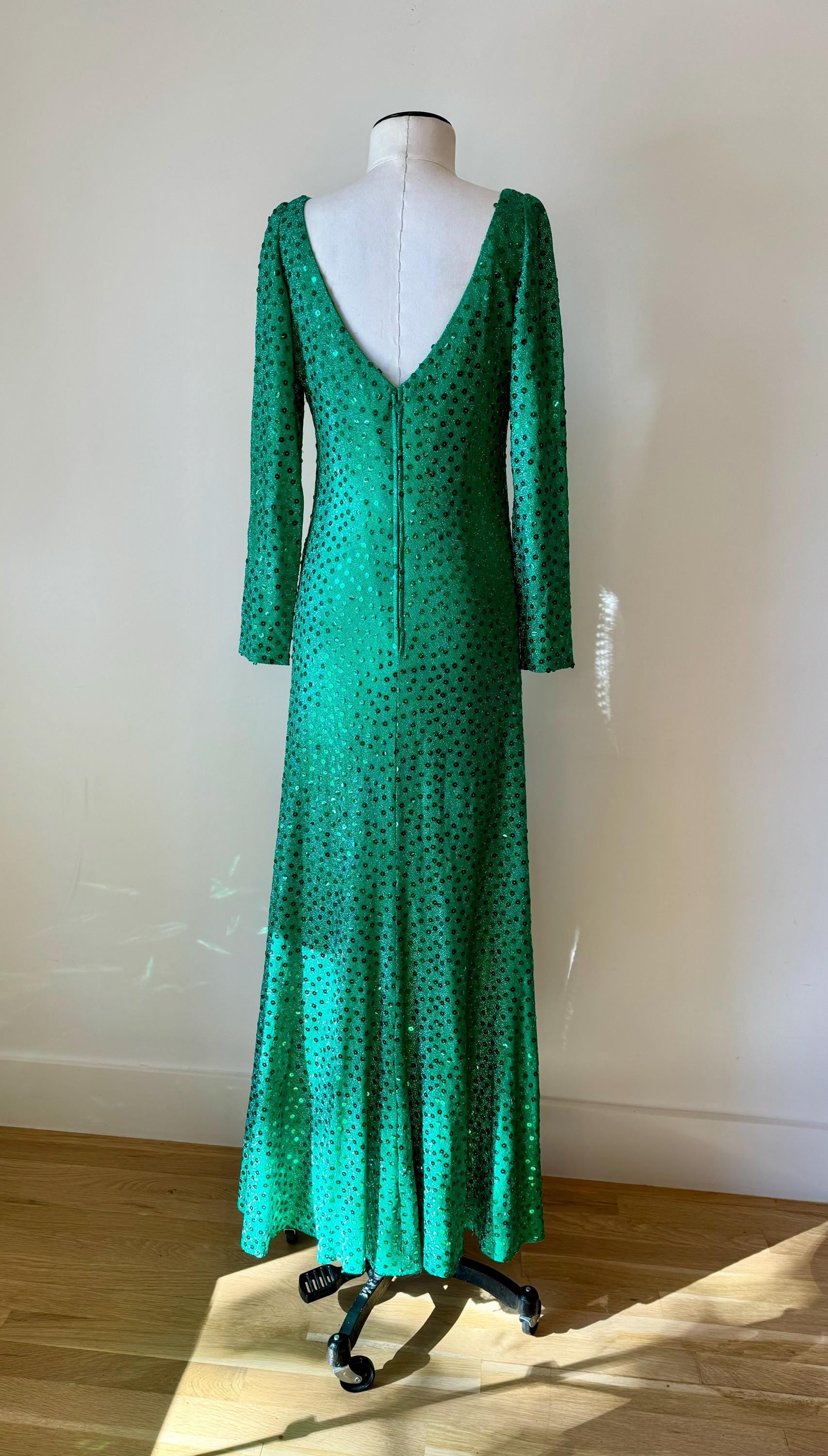 Iconic Mollie Parnis 70s Emerald Green Sequin Gown