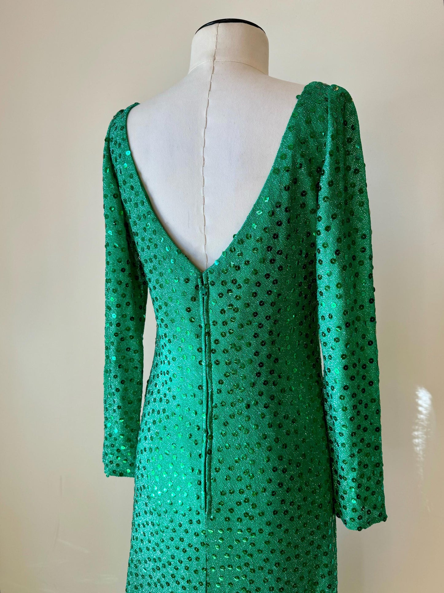 Iconic Mollie Parnis 70s Emerald Green Sequin Gown