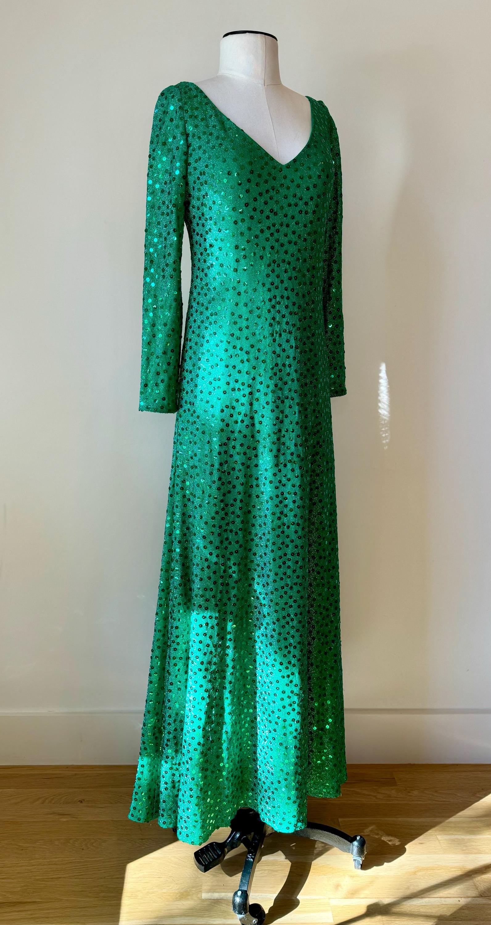 Iconic Mollie Parnis 70s Emerald Green Sequin Gown